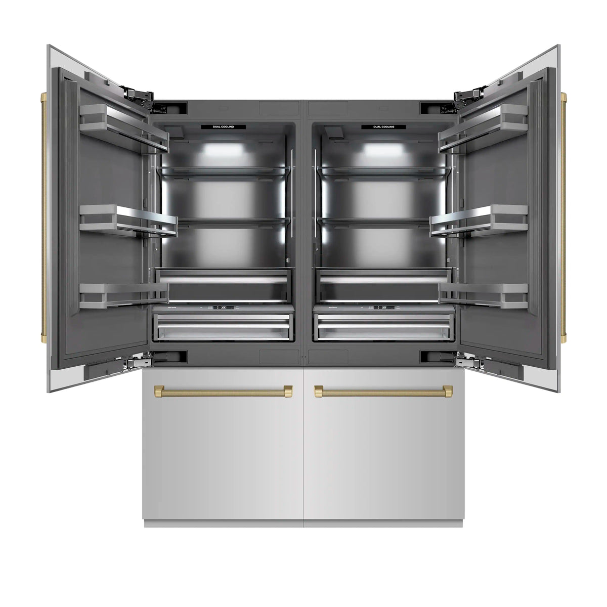 Built-in refrigerator with open doors, gray interior shelves, and dual helix handle bars