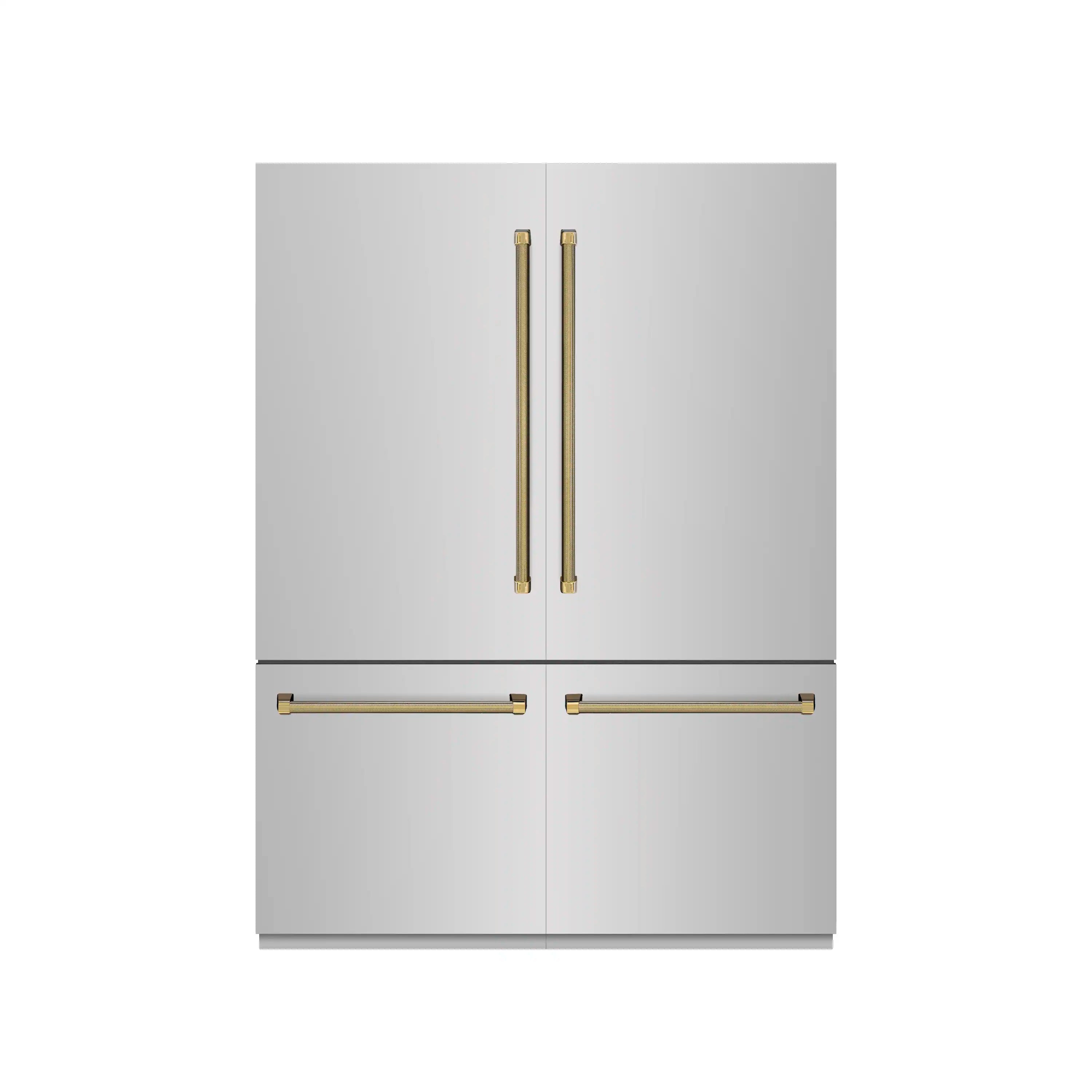 Built-in refrigerator with gray exterior and polished gold bar handles