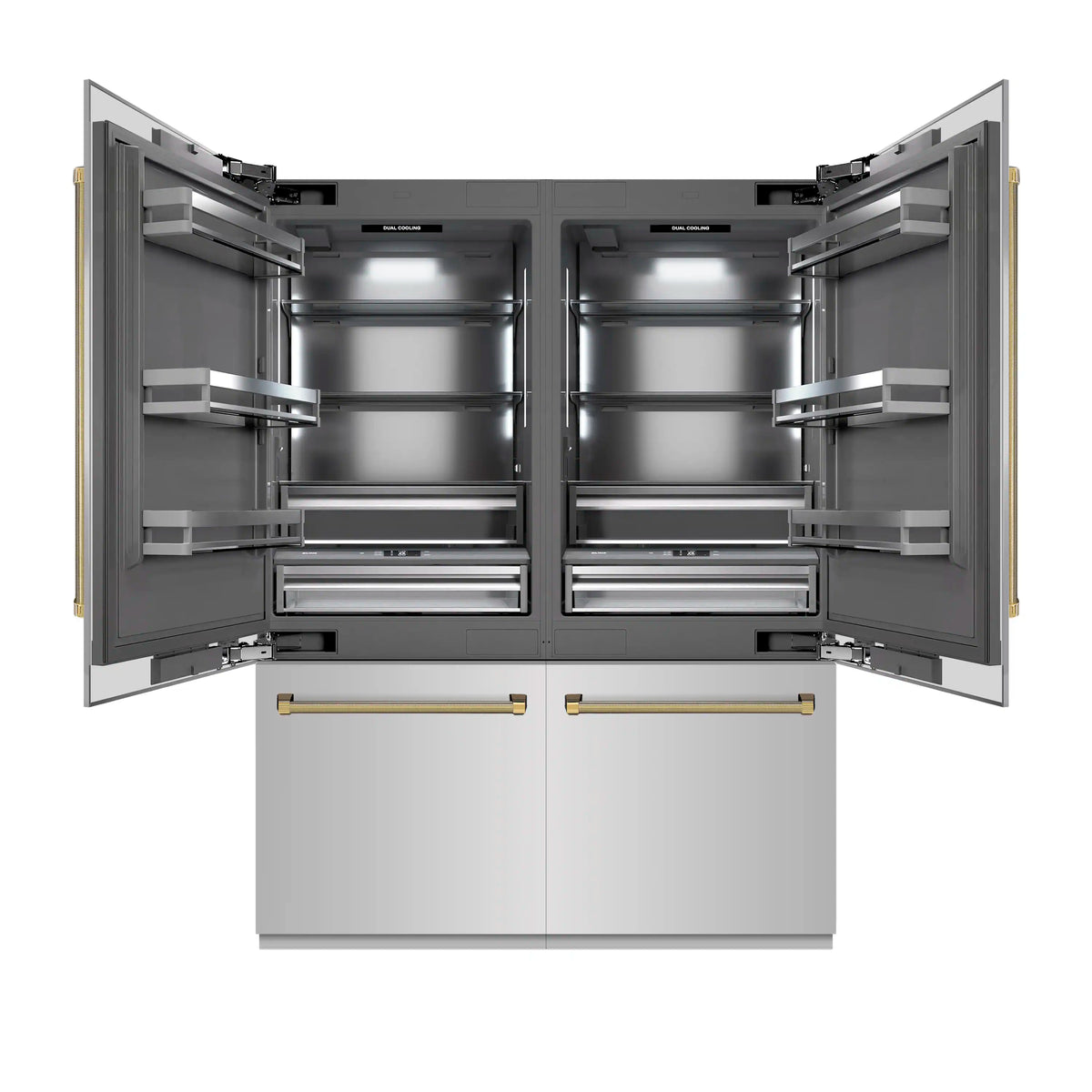 Built-in refrigerator with gray interior; open double doors, shelves, and polished gold helix handles