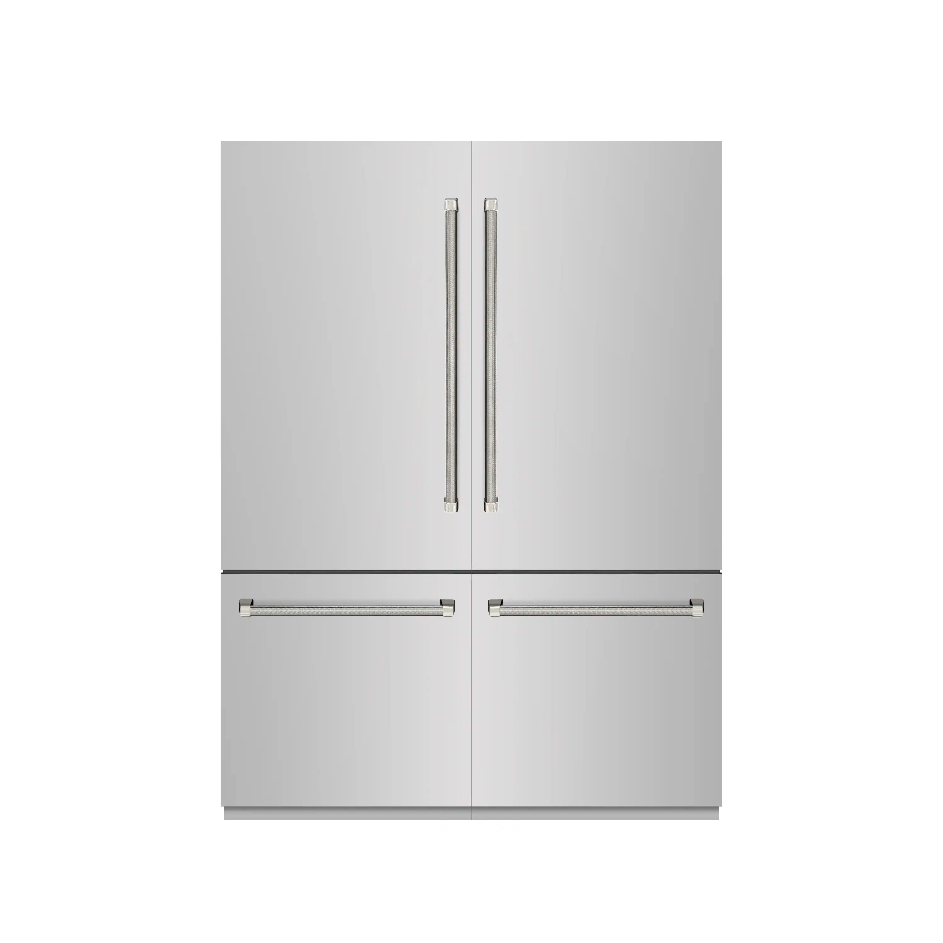 Built-in refrigerator with gray cabinet, four doors, and polished nickel handles