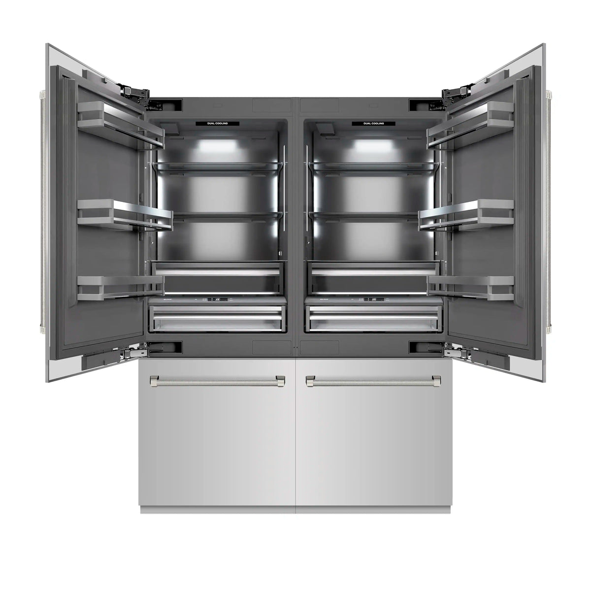 Built-in refrigerator shown open, gray interior shelves and drawers, dual doors