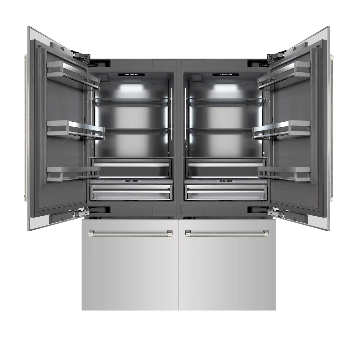 Built-in refrigerator with doors open, gray interior compartments and bottom drawers