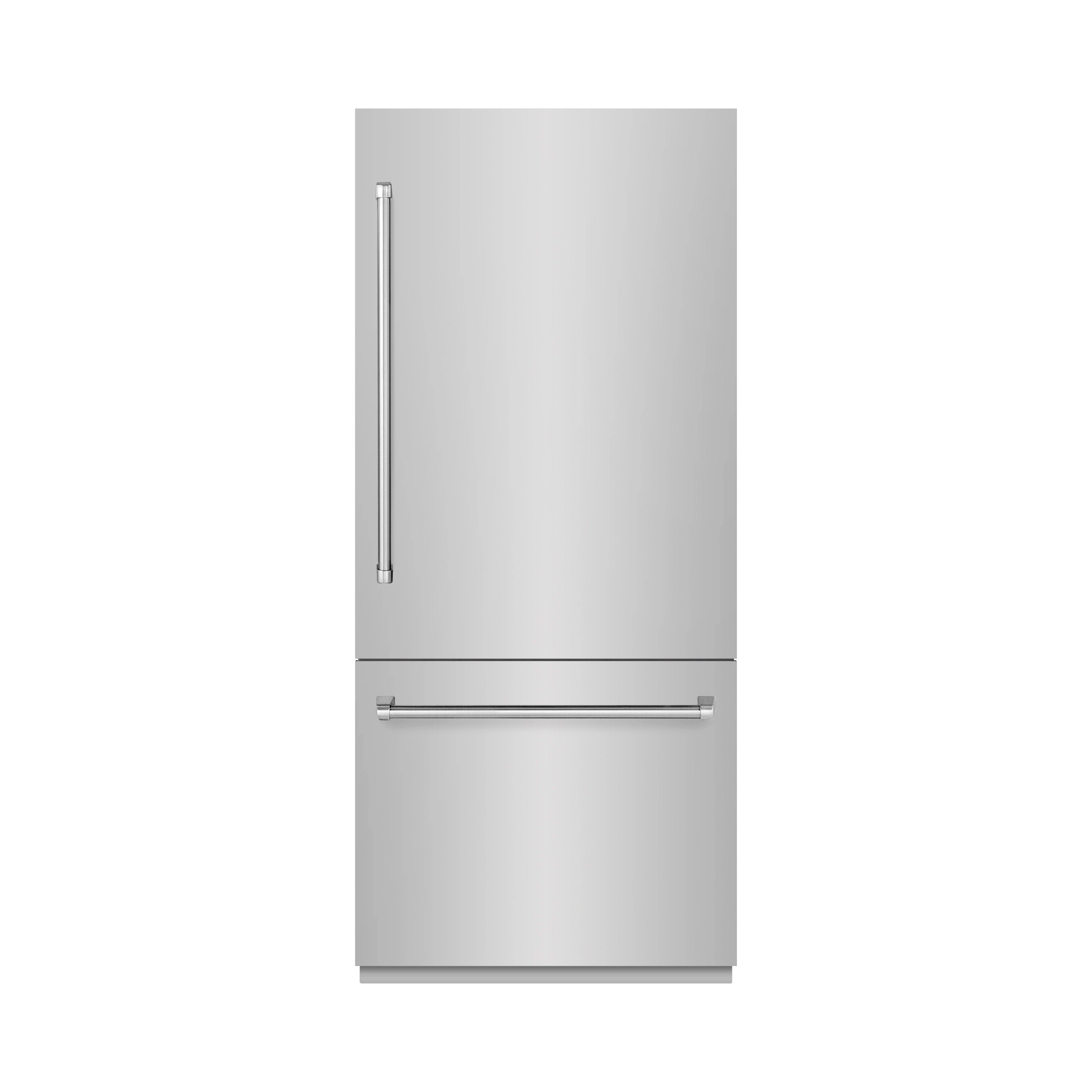 Stainless steel bottom freezer refrigerator with vertical handle and horizontal freezer handle