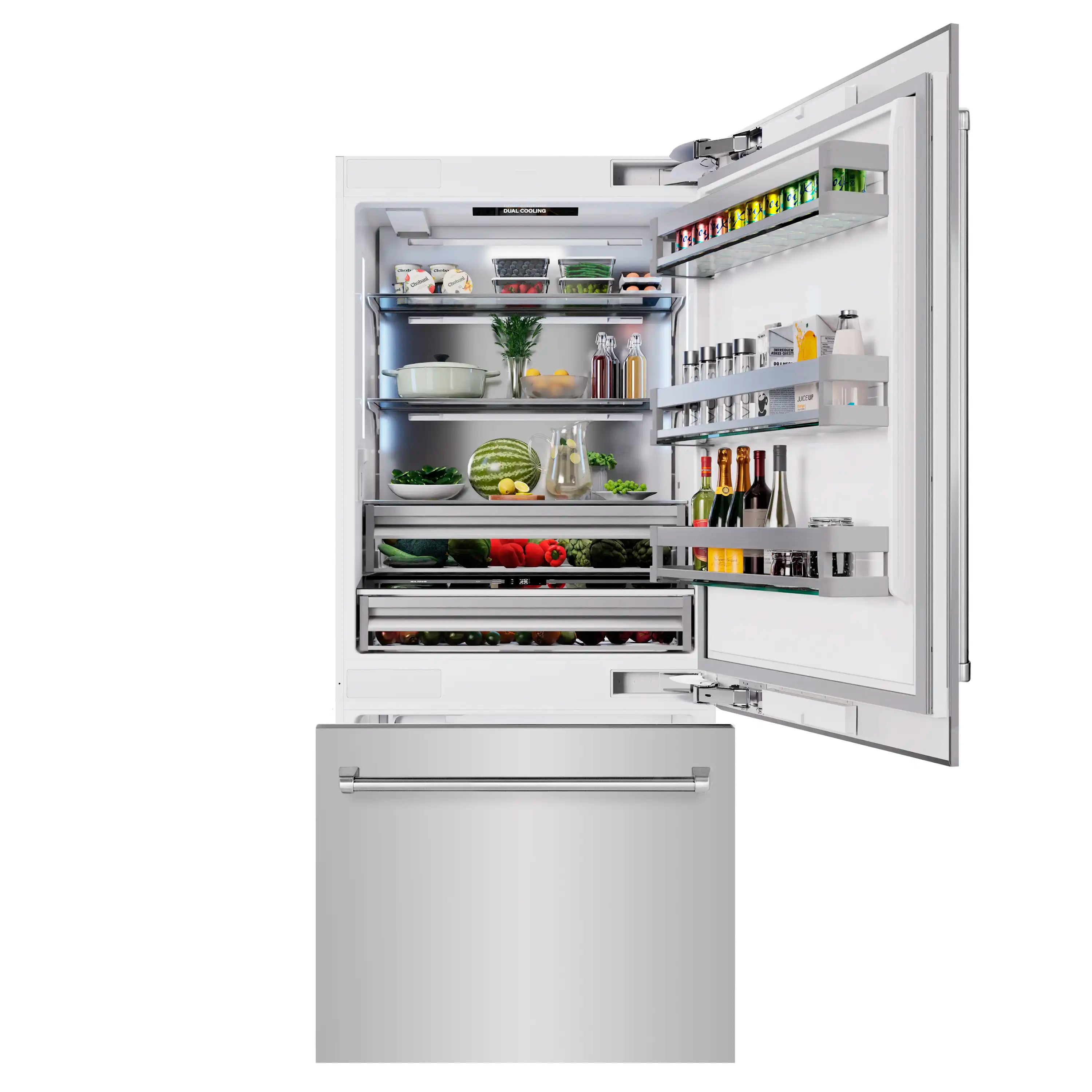 Bottom freezer refrigerator with open door, visible shelves, bins, and refrigerator storage