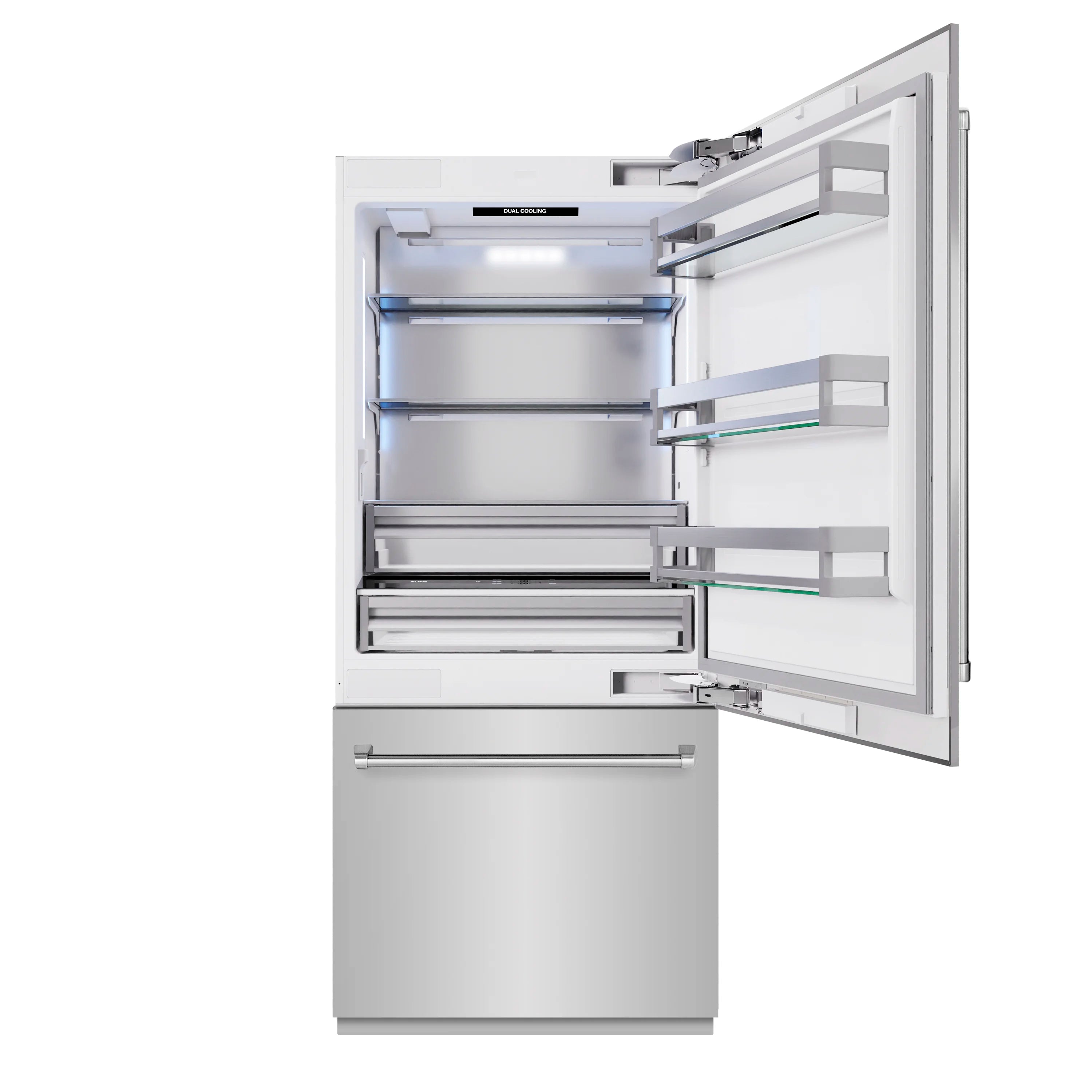 Bottom freezer refrigerator interior with open door, shelving, and glass-door bins