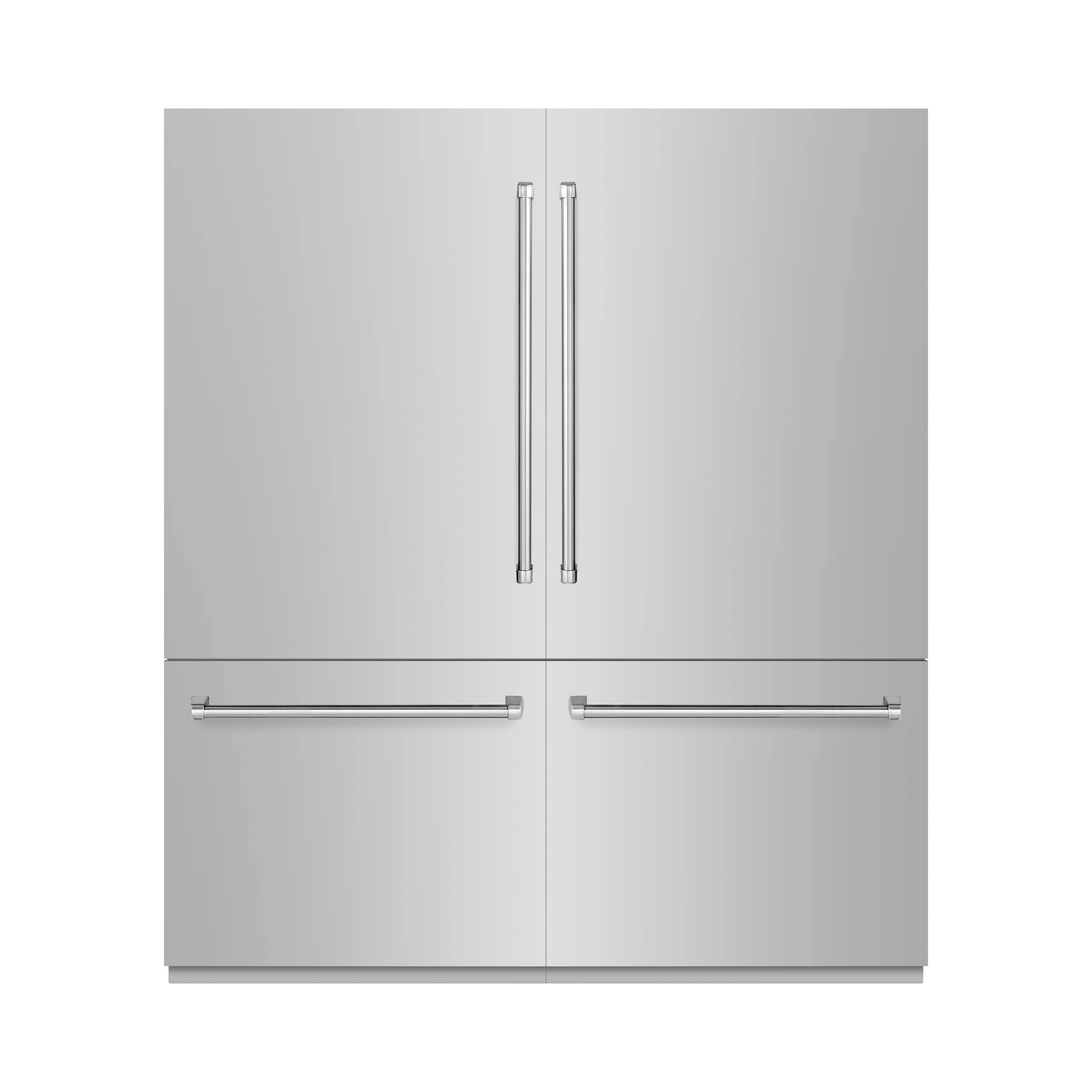 Stainless steel French door refrigerator exterior with two vertical handles