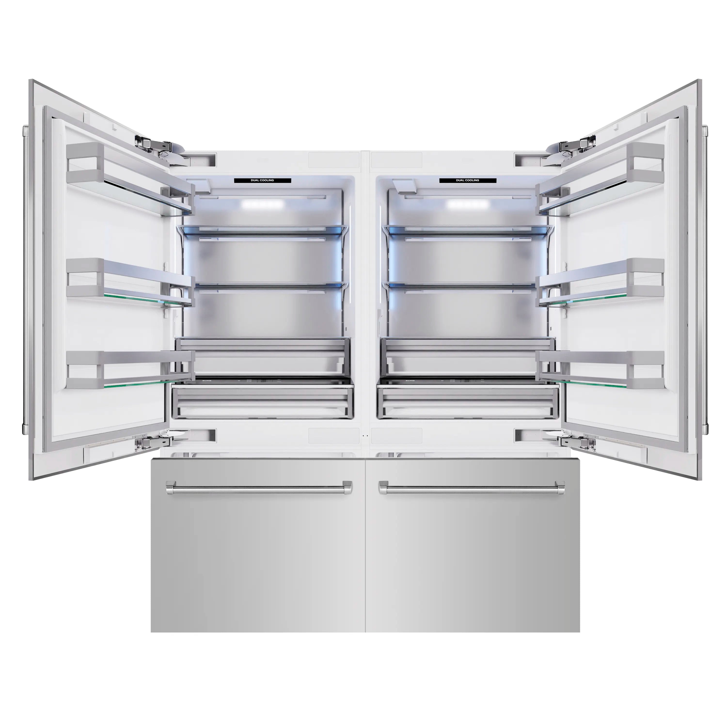 French door refrigerator open interior with dual storage compartments