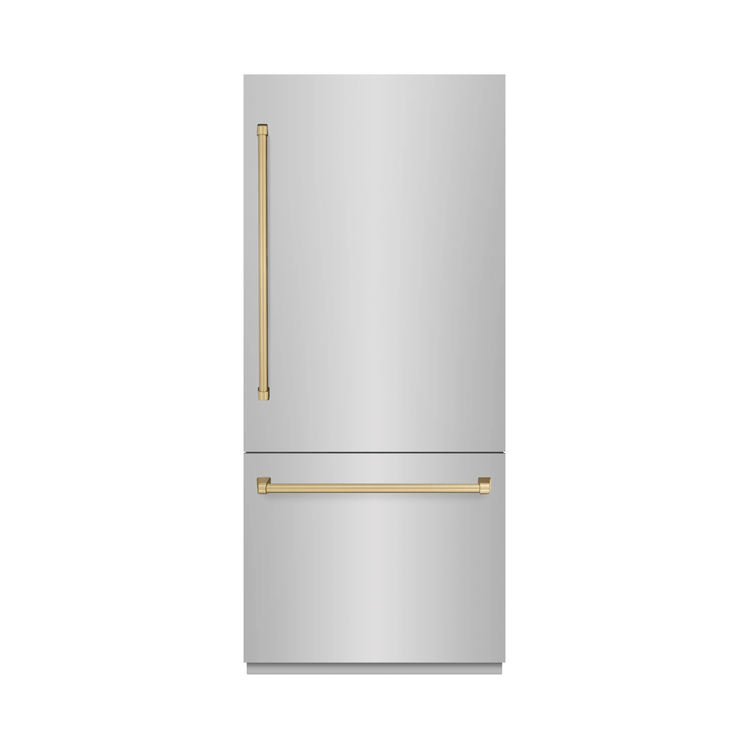 Stainless bottom freezer refrigerator door with champagne bronze handle accents