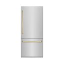ZLINE Autograph Edition 36-Inch 19.8 Cu. Ft. Built-In Bottom Freezer Refrigerator with Water Dispenser and Ice Maker in Stainless Steel with Polished Gold Accents (RBITZ-304-36G)