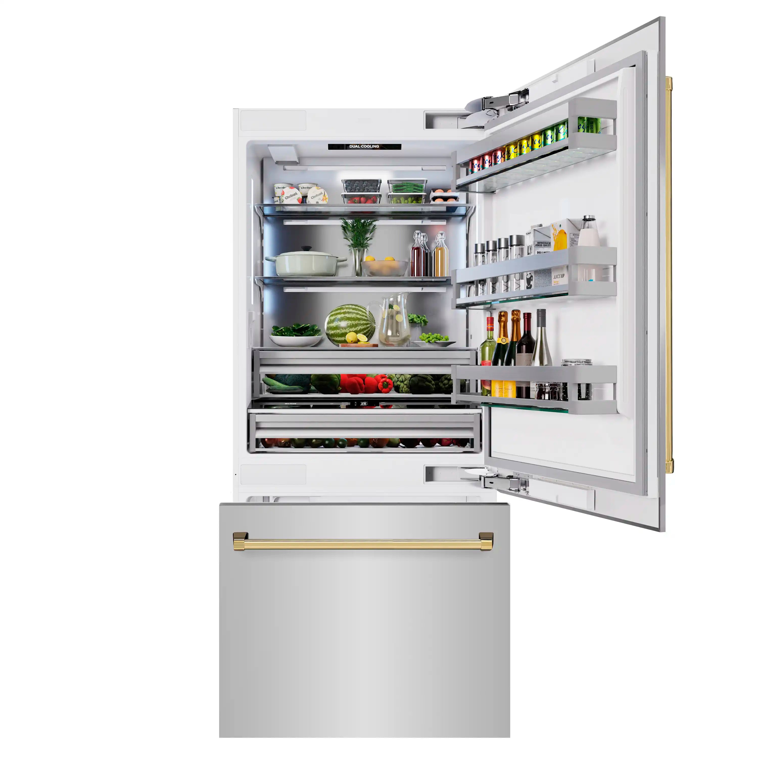 Stainless steel built-in bottom freezer refrigerator with gold trim, open doors and shelves
