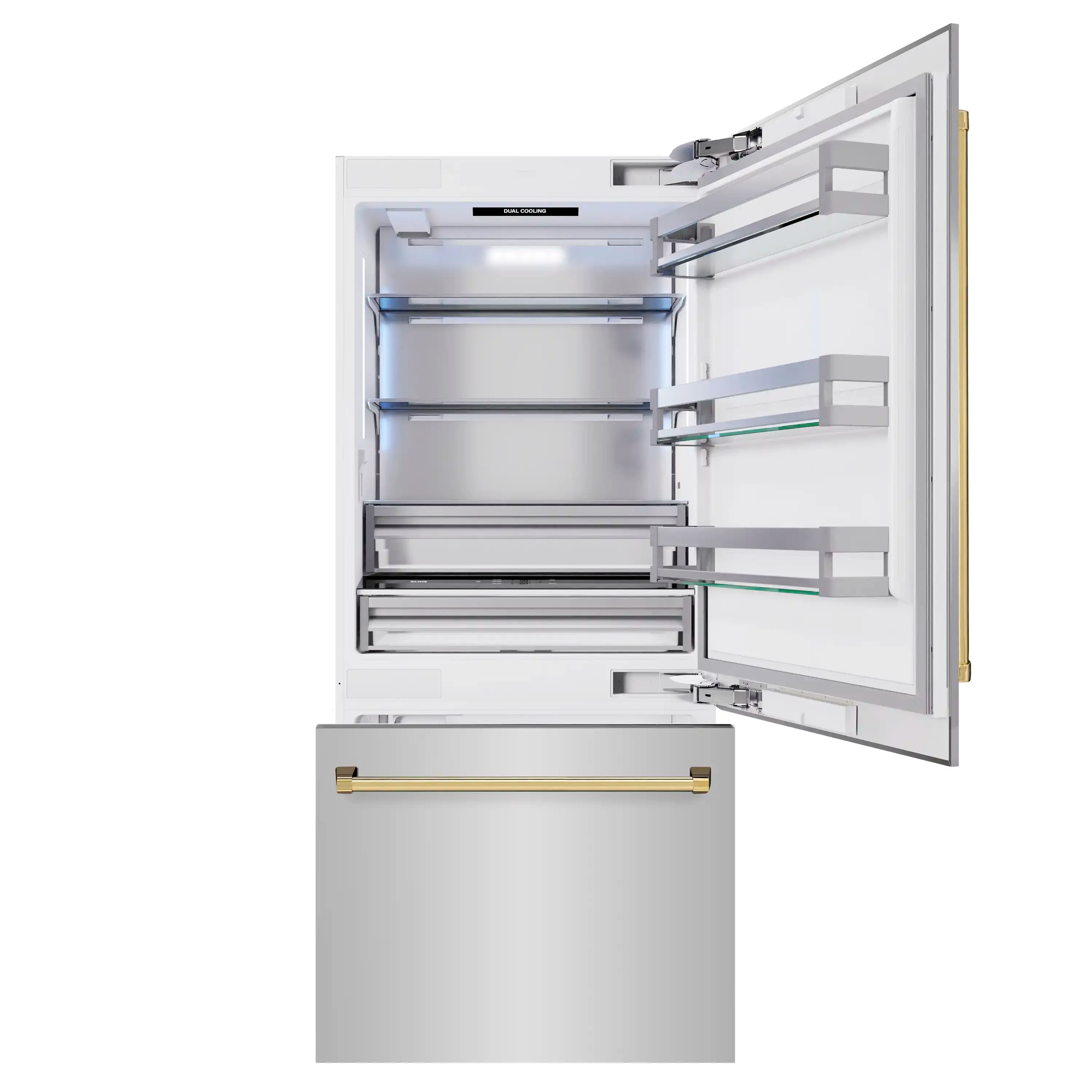Open built-in refrigerator door with interior shelves and bottom freezer drawer