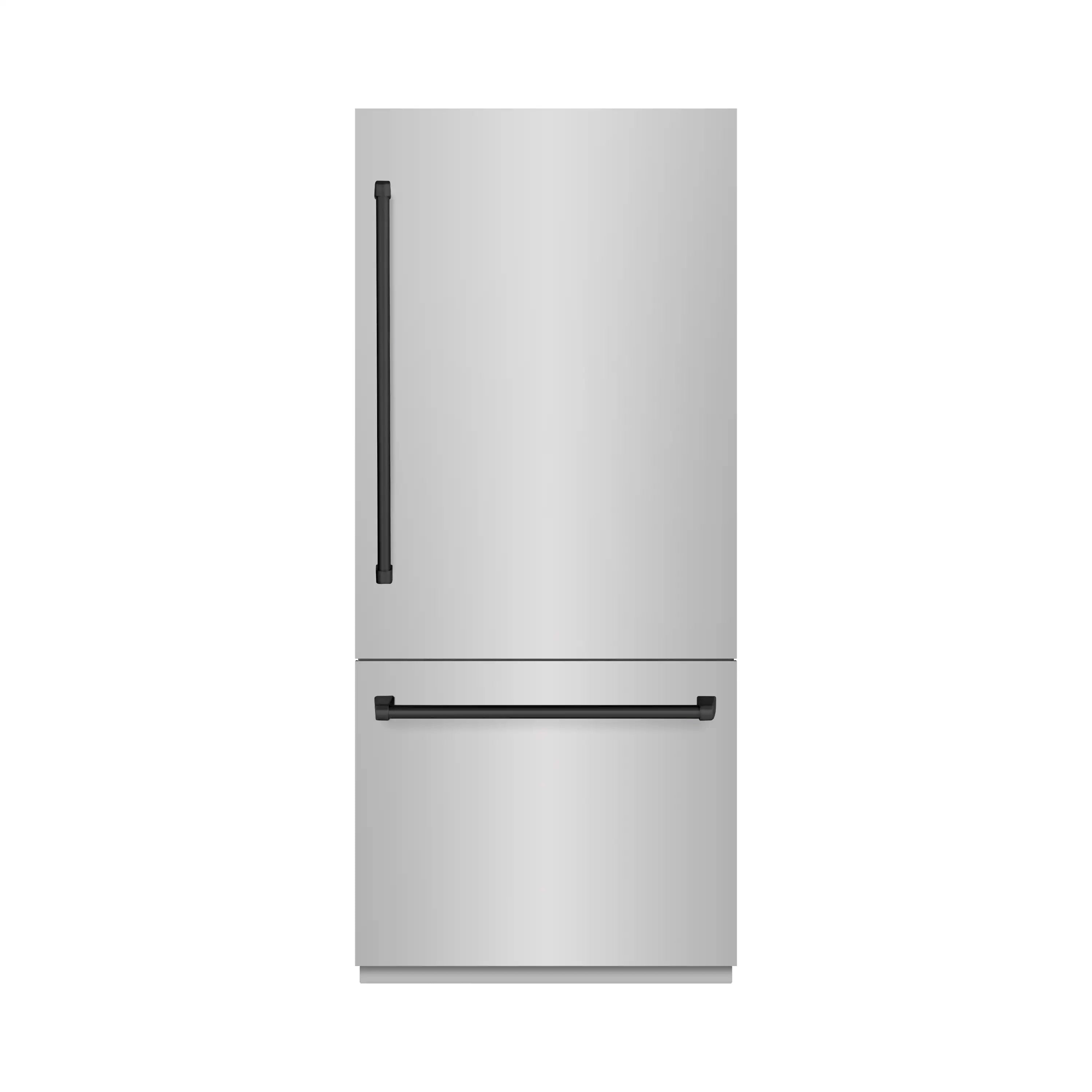 Bottom freezer refrigerator in white with matte black handle and vertical door pull.