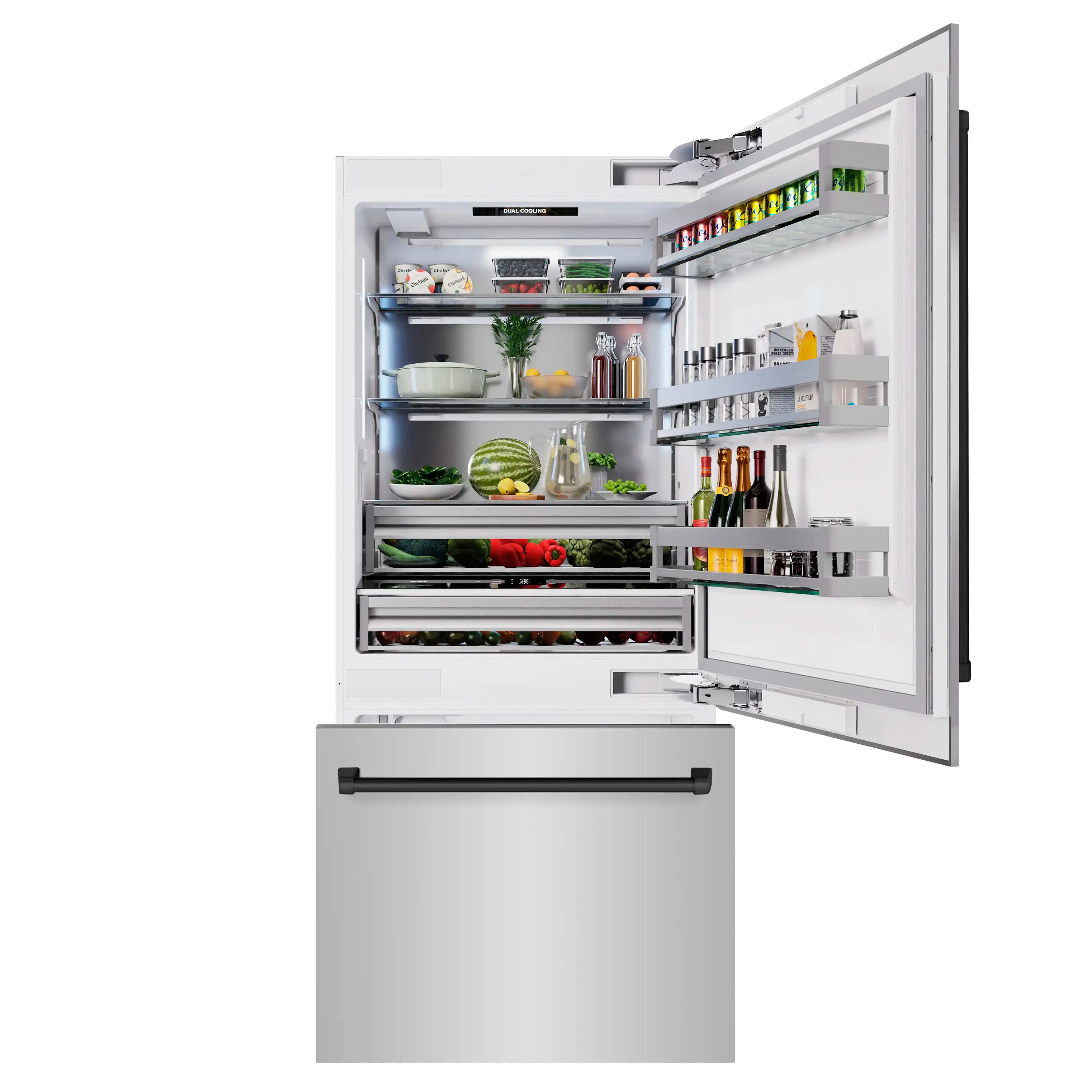 Bottom freezer refrigerator with doors open, showing interior shelves, drawers, and bins.