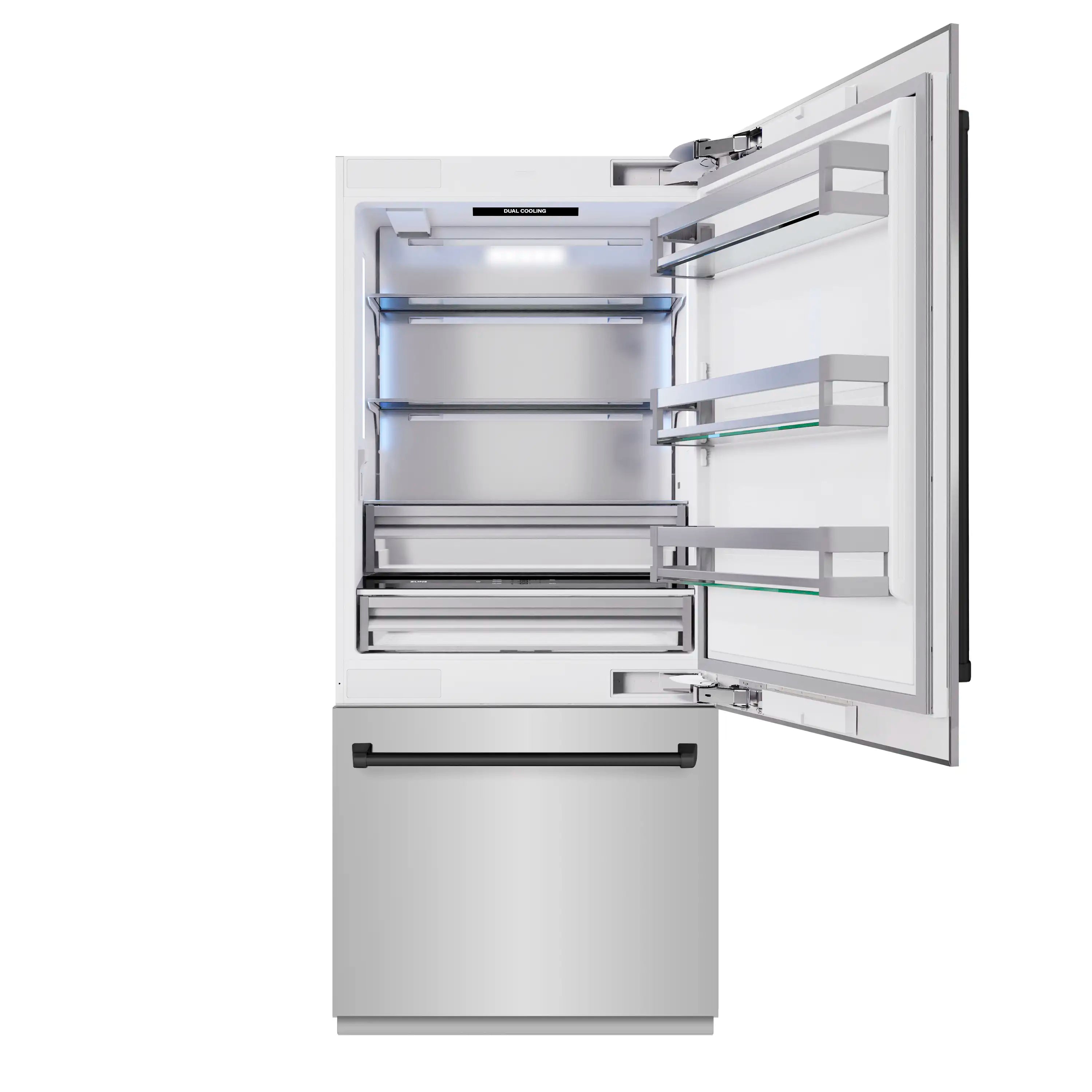 Built-in bottom freezer refrigerator with open door, stainless shelves and matte black handle