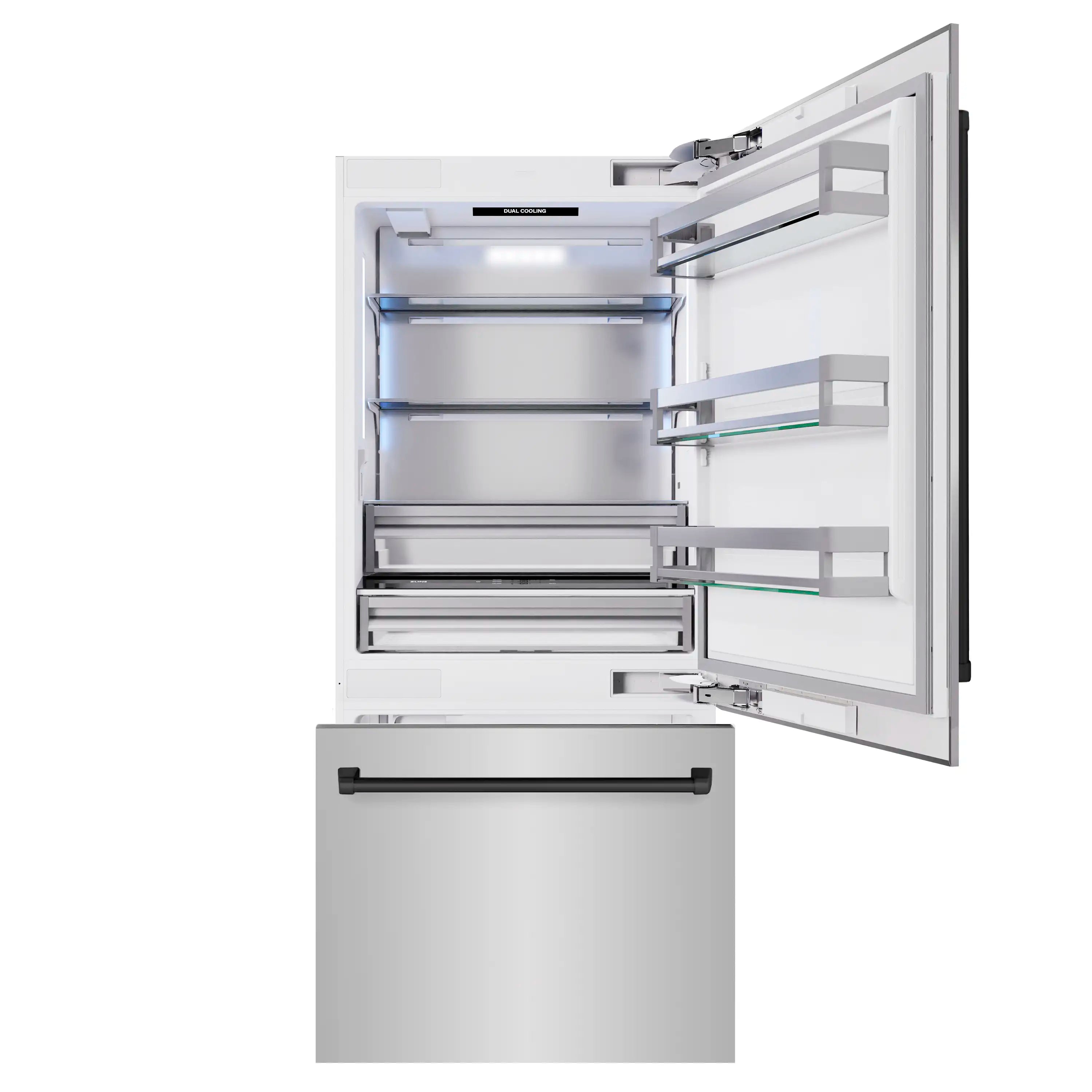 Built-in bottom freezer refrigerator with open door, stainless shelves and black freezer drawer