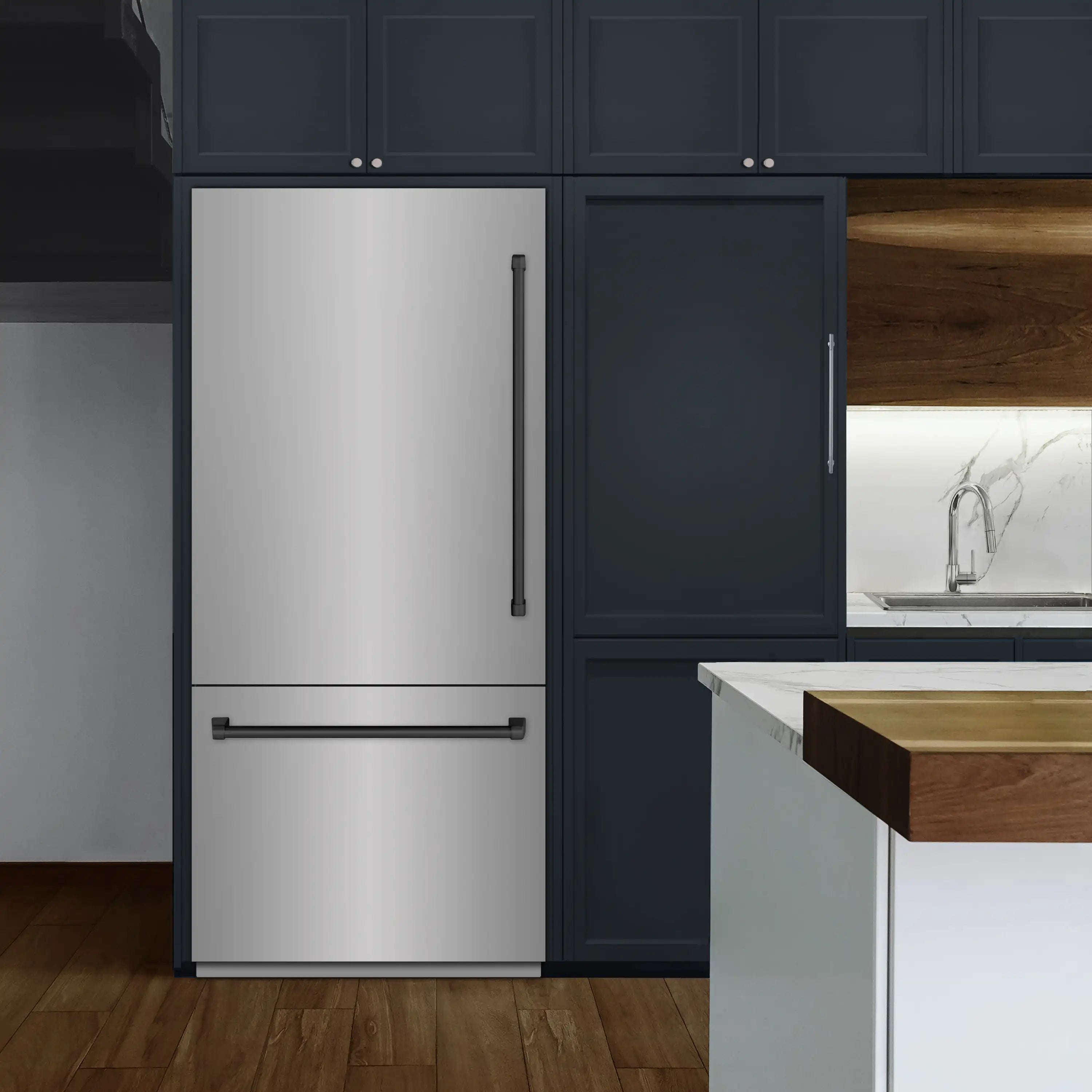 Built-in bottom freezer refrigerator with white doors, stainless accents, and matte black side panel.