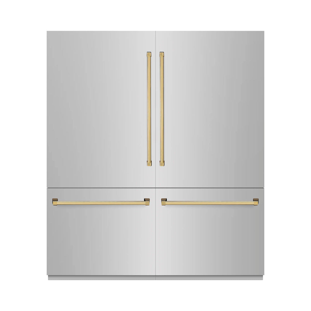 Stainless steel refrigerator with polished gold handles and matching front trim