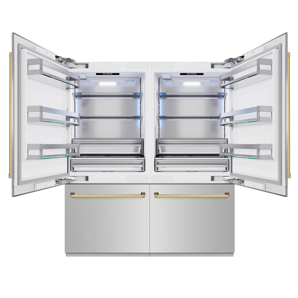 French door refrigerator with doors open, showing shelves and polished gold accent handles