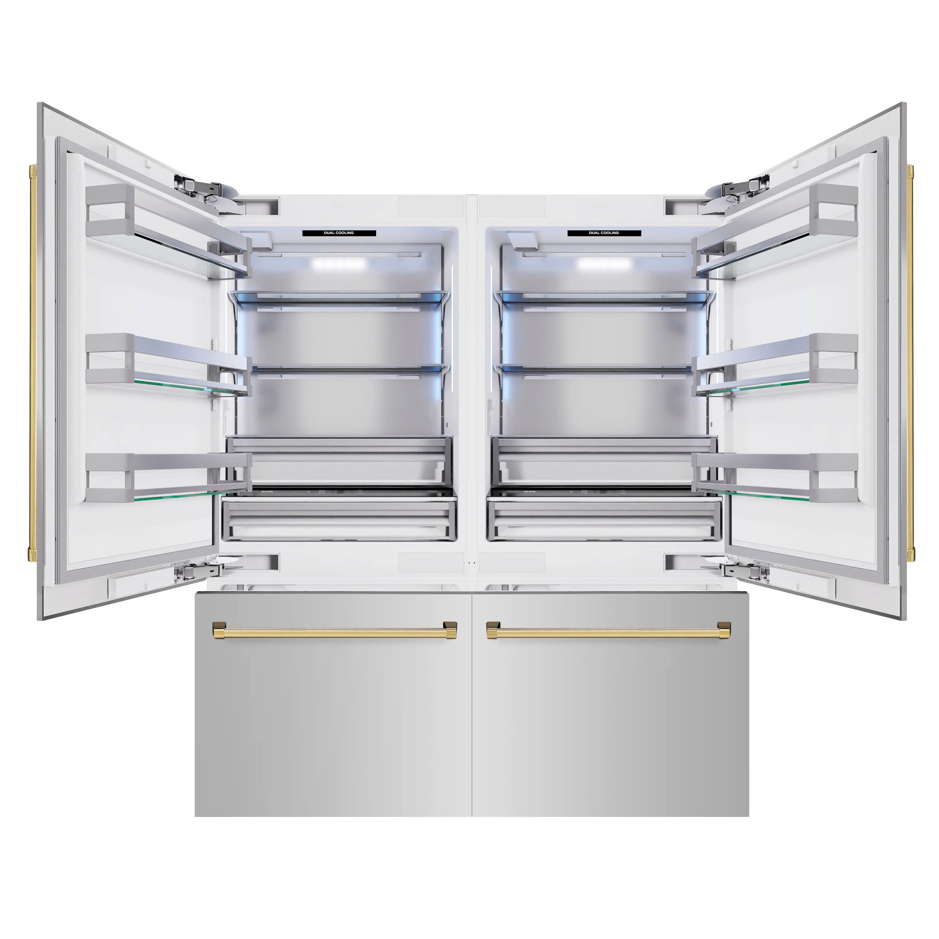 French door refrigerator with doors open, showing fresh food and freezer shelves