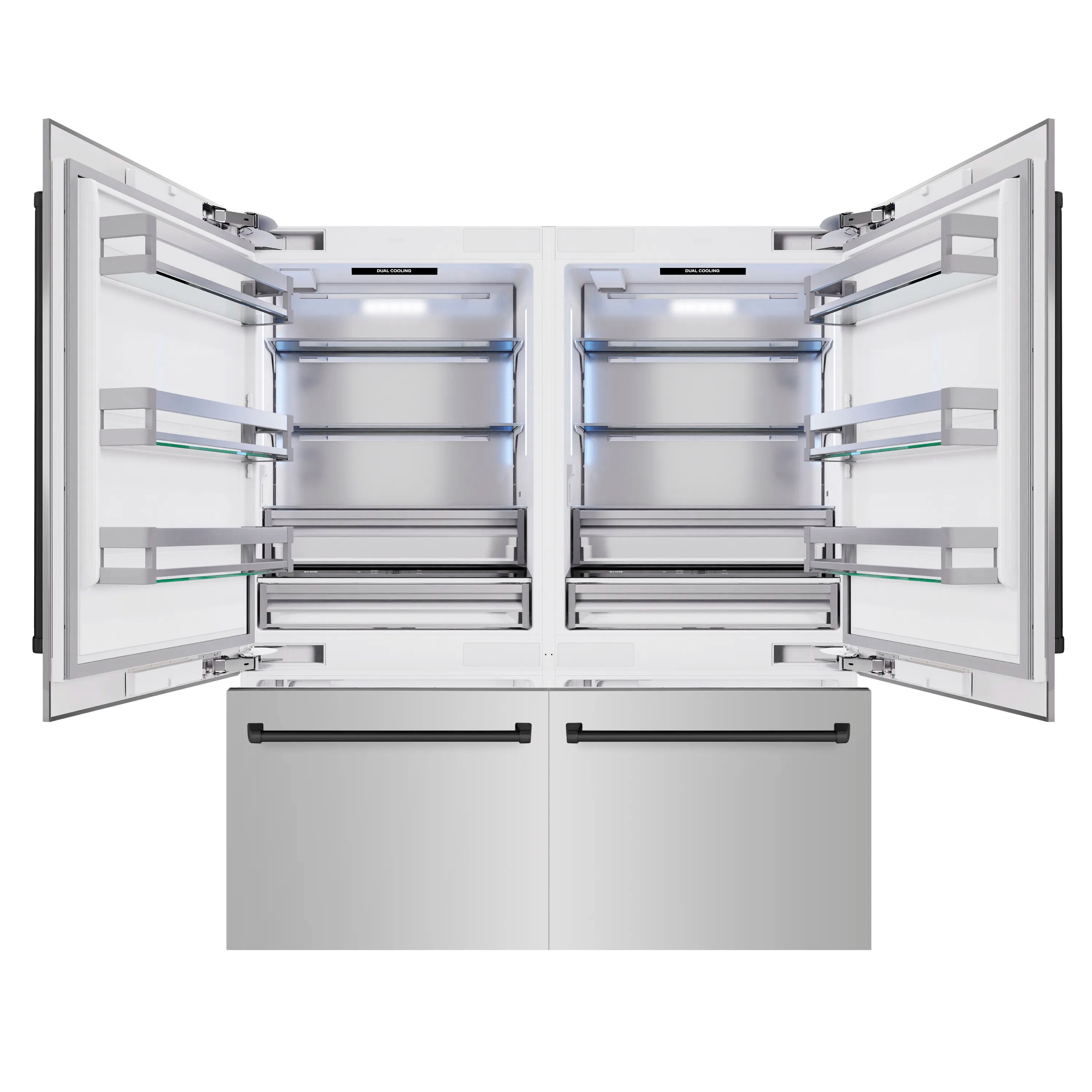 French door refrigerator interior with open compartments, shelves, and drawers