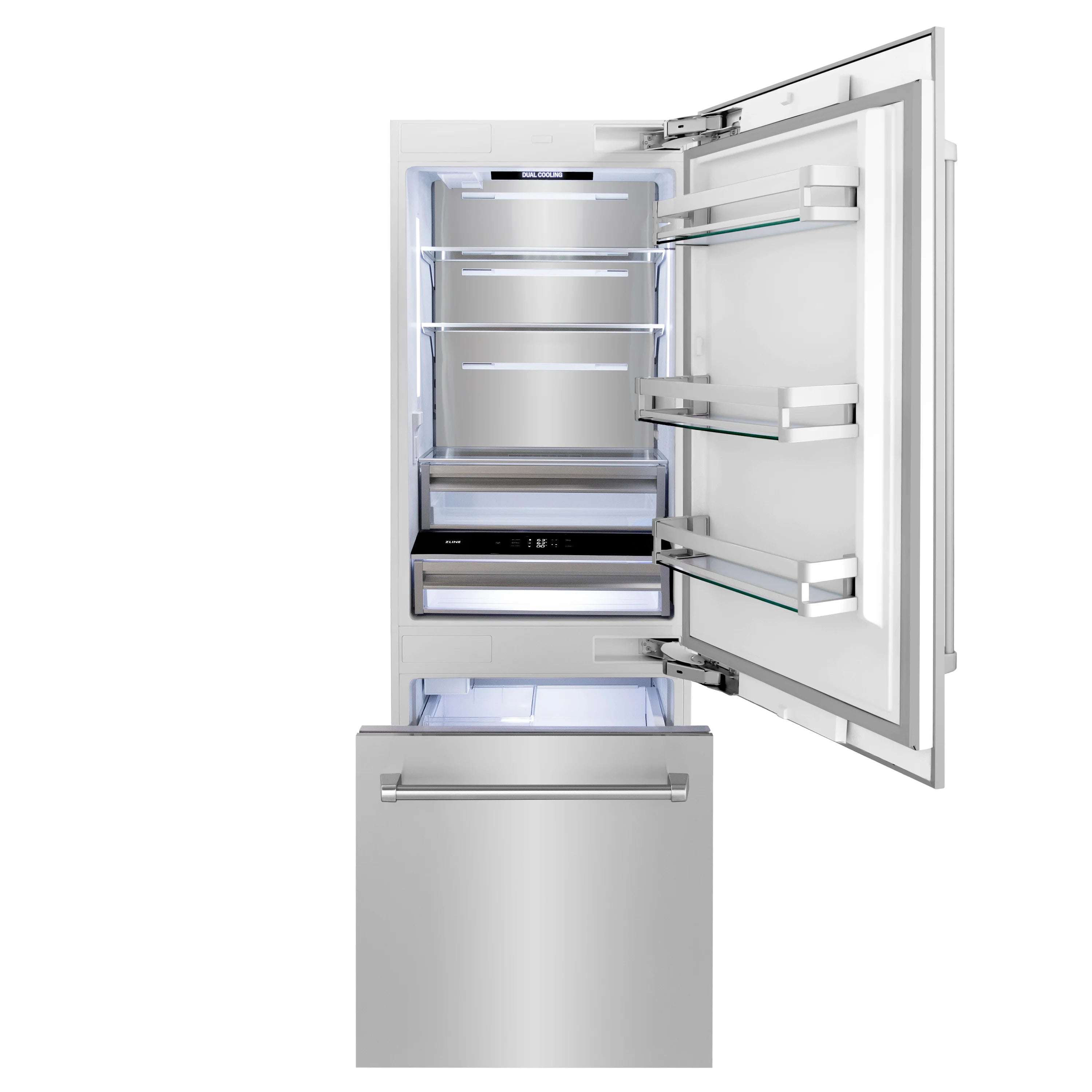 Bottom-freezer refrigerator with door open, illuminated shelves and storage compartments