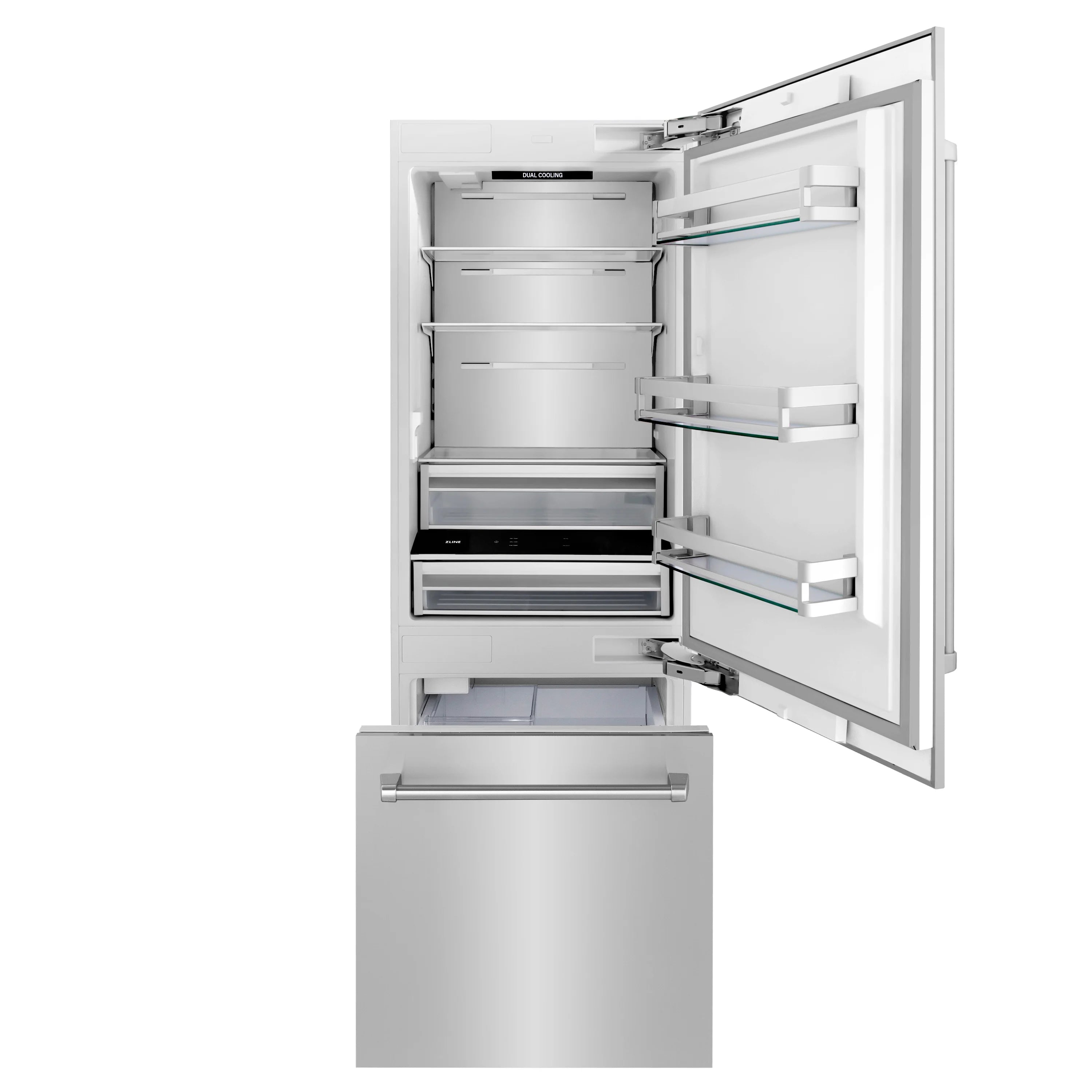 Bottom-freezer refrigerator with door open, freezer drawers and refrigerator racks visible