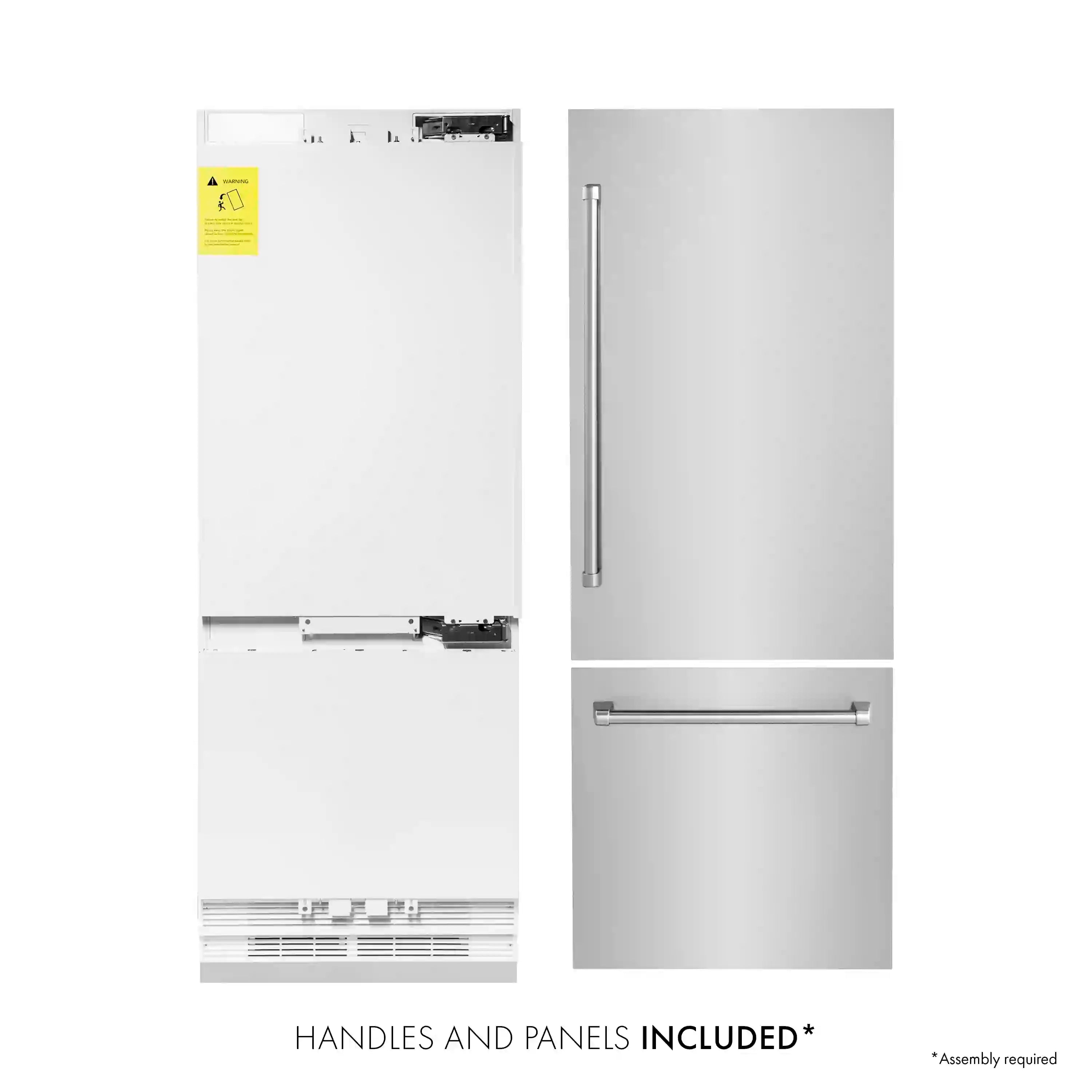Bottom-freezer refrigerator showing included handles and inner panels, doors removed view