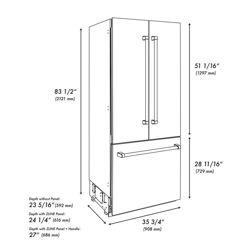 ZLINE 36-Inch 19.6 cu. ft. Built-In 3-Door French Door Refrigerator with Internal Water and Ice Dispenser in White Matte (RBIV-WM-36)