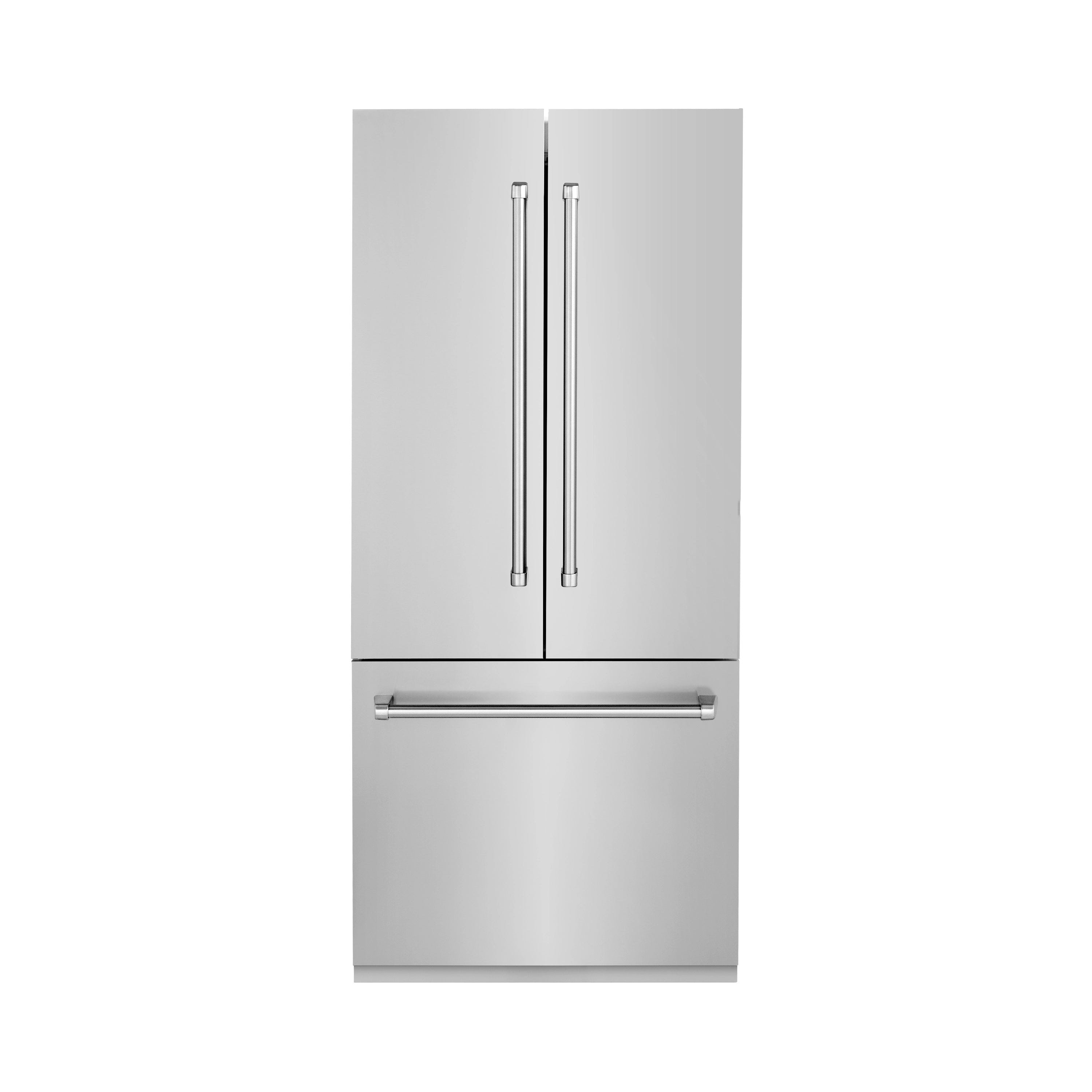 Stainless steel French door refrigerator with long horizontal handle and bottom freezer.