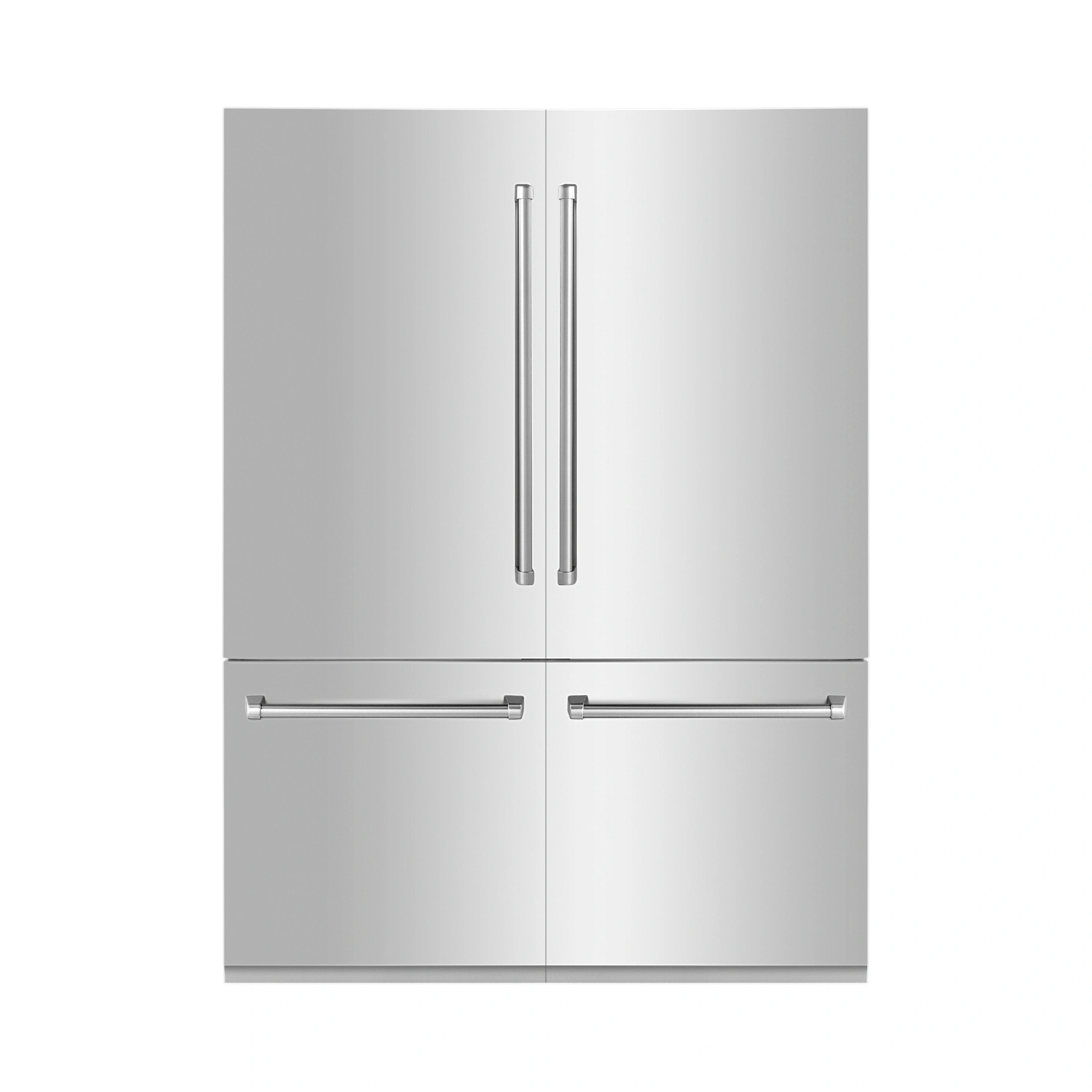 Built-in stainless steel French-door refrigerator with four doors and bar handles