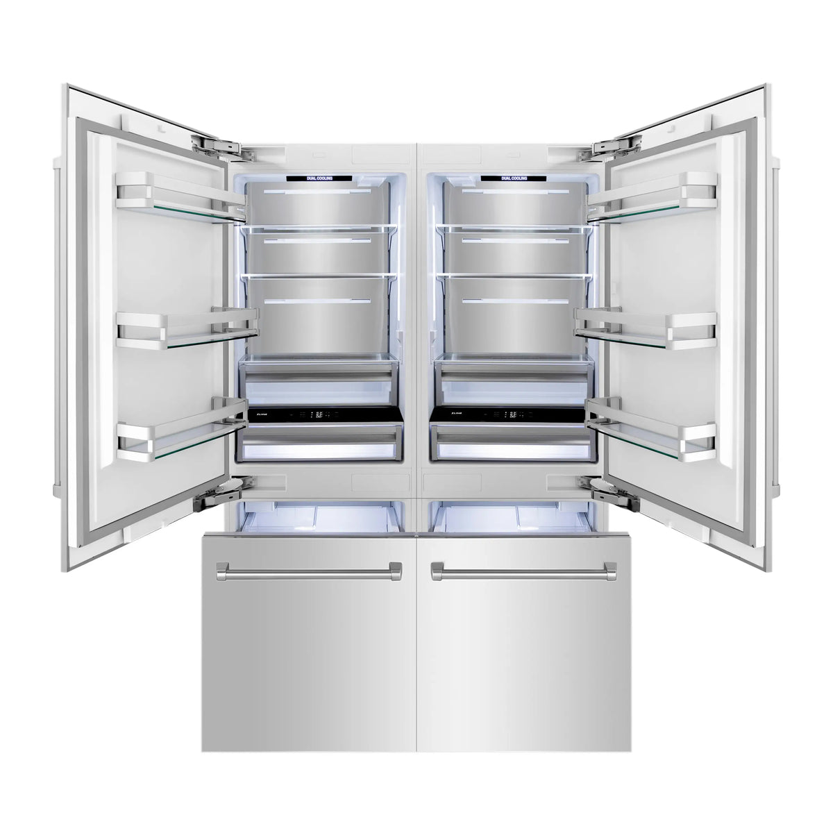 Refrigerator with open doors showing multiple shelves and drawers