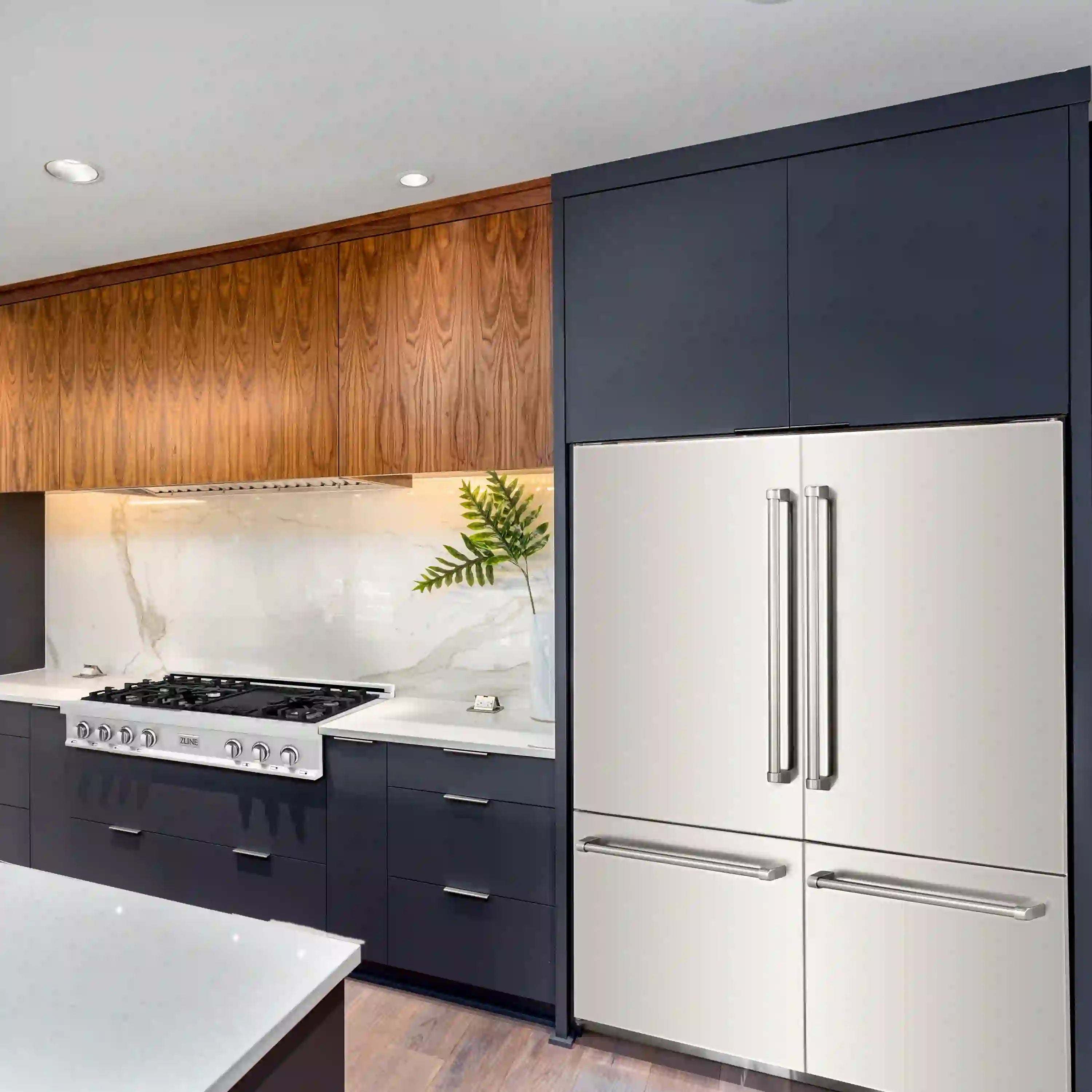 Stainless steel French-door refrigerator with vertical and horizontal bar handles