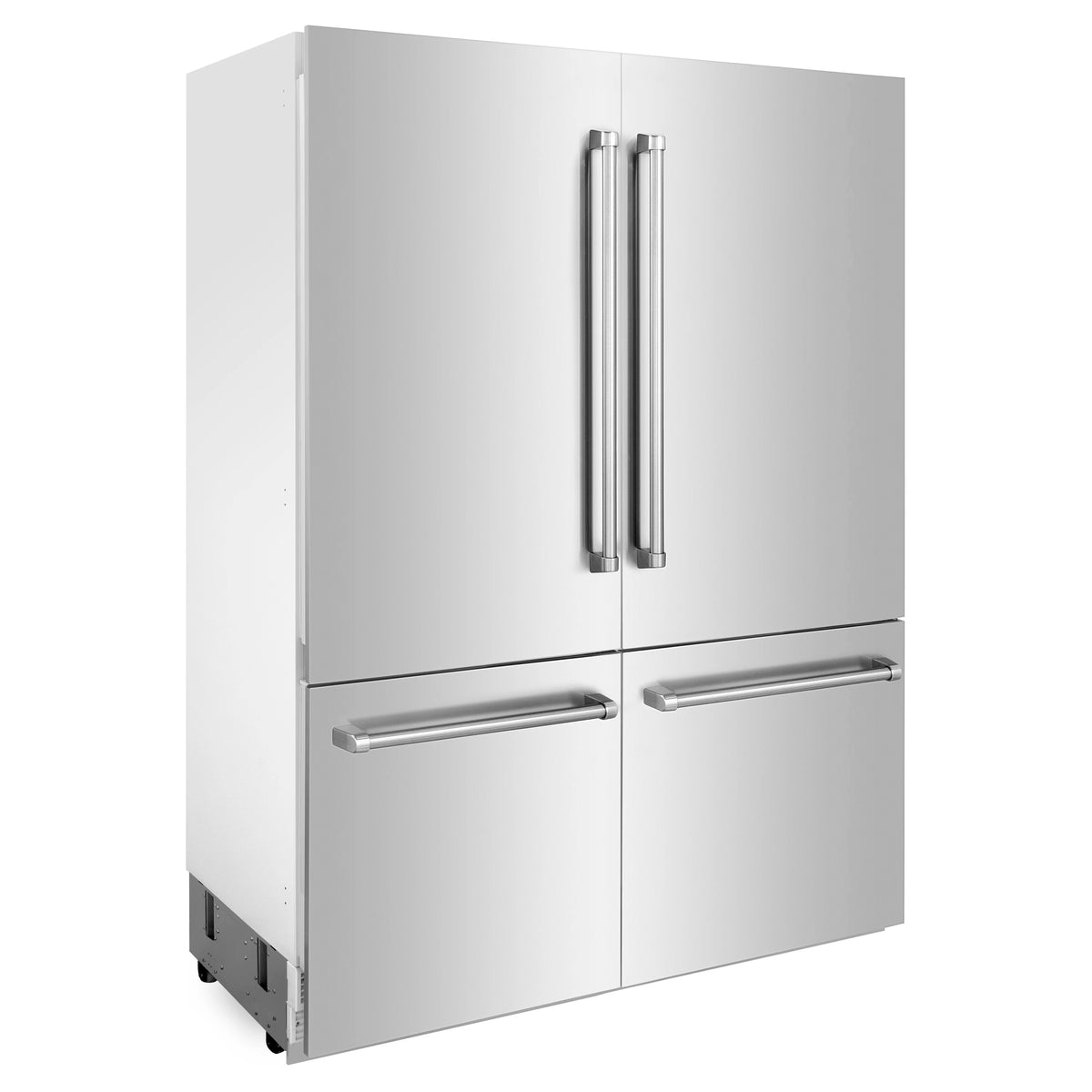 Stainless steel French-door refrigerator with long vertical and horizontal bar handles