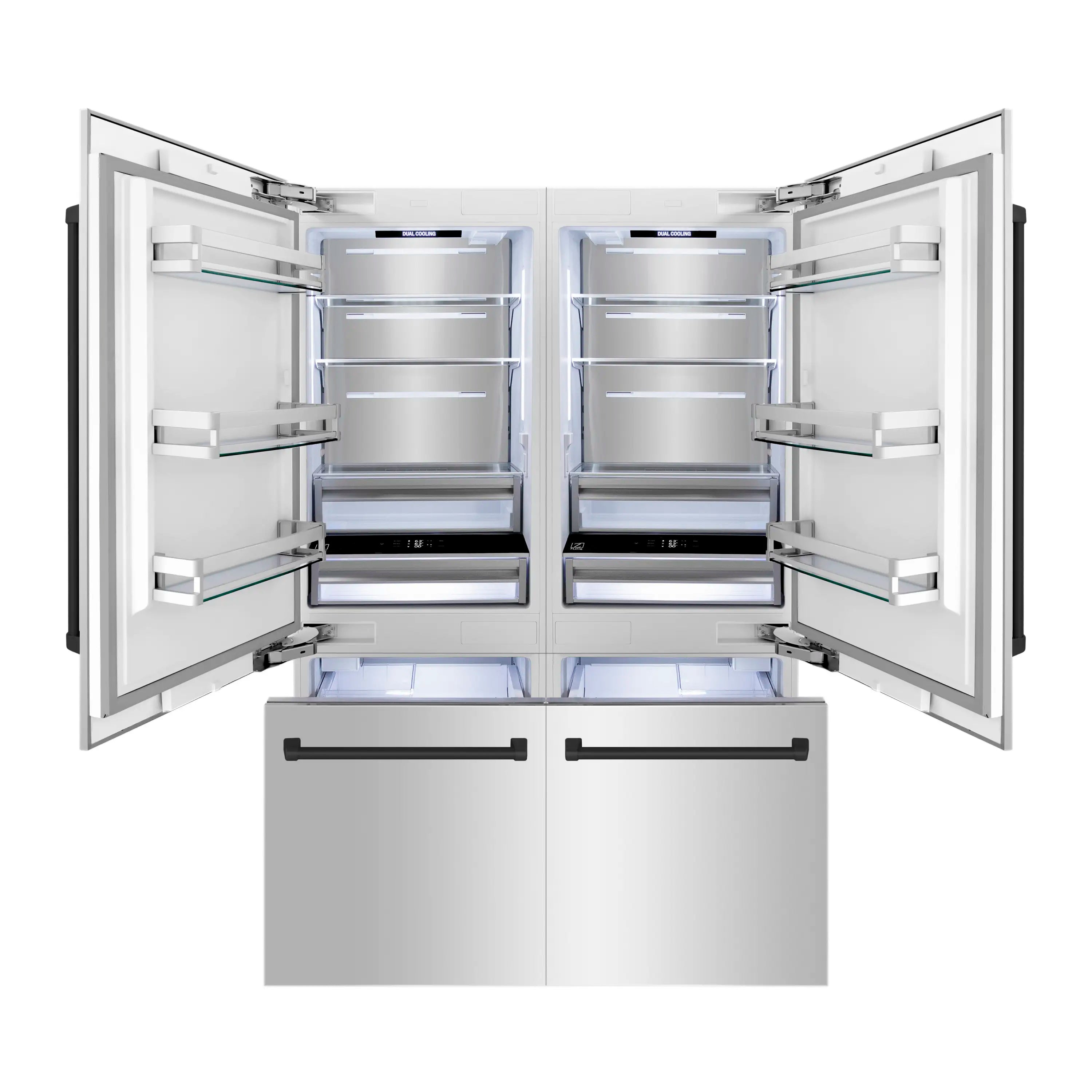 French door refrigerator interior with shelves, drawers, and internal lighting