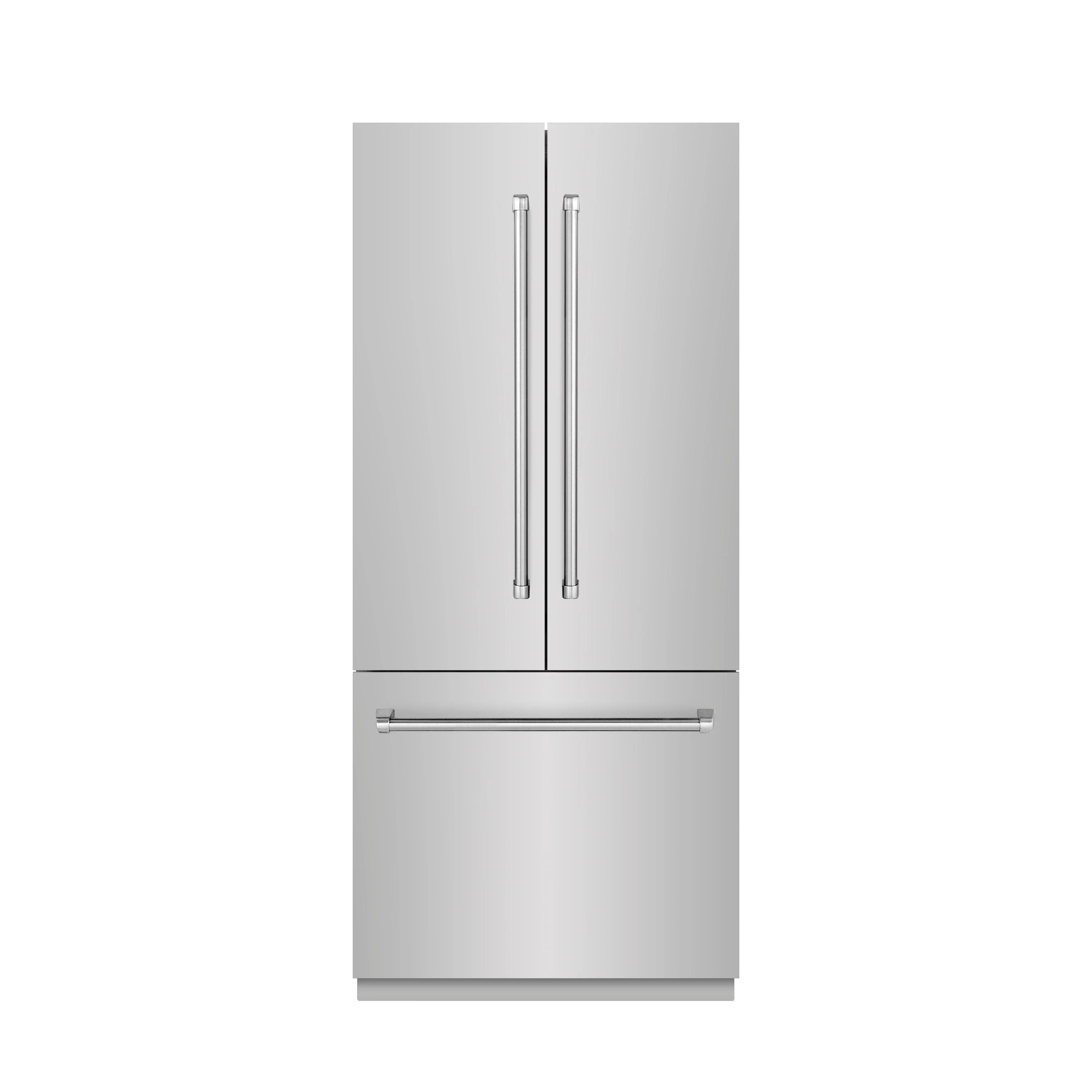 Stainless steel refrigerator with French doors and integrated bottom freezer drawer handle