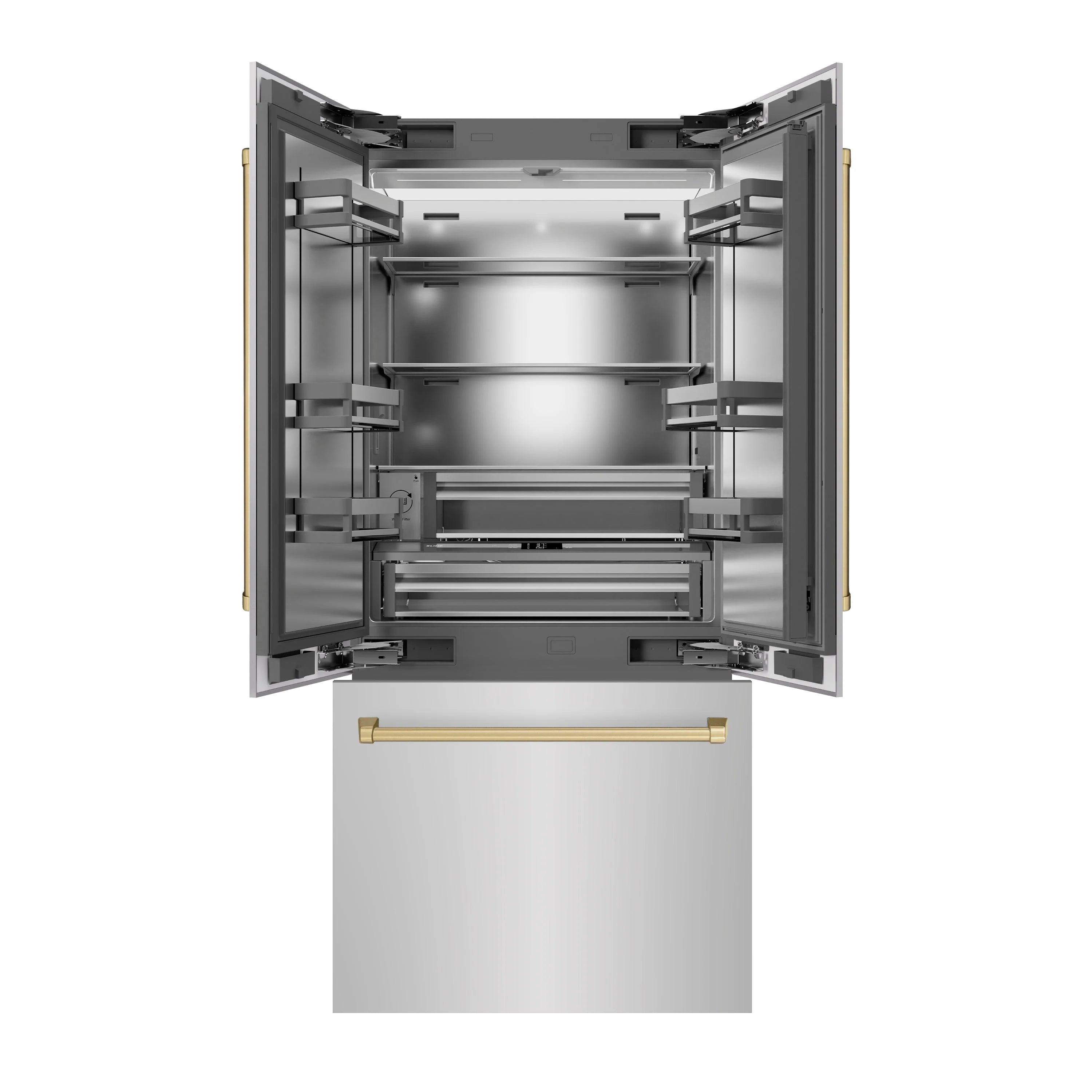 Refrigerator freezer compartment open with interior shelves and pull handle