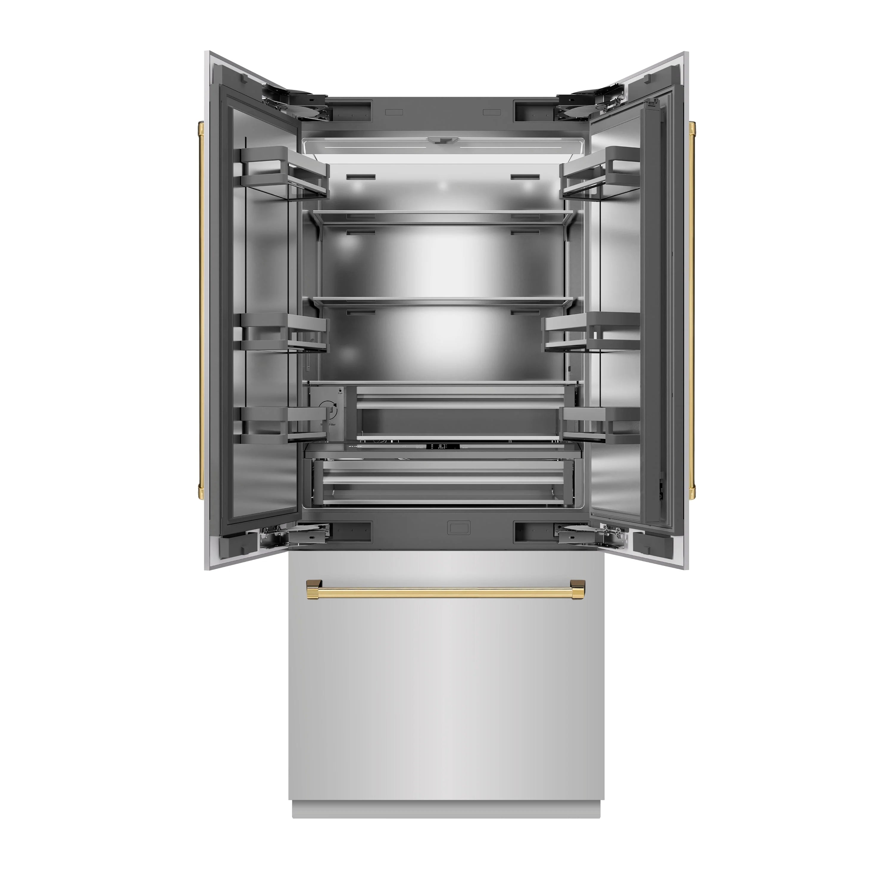 French door refrigerator interior view with adjustable shelves and racks