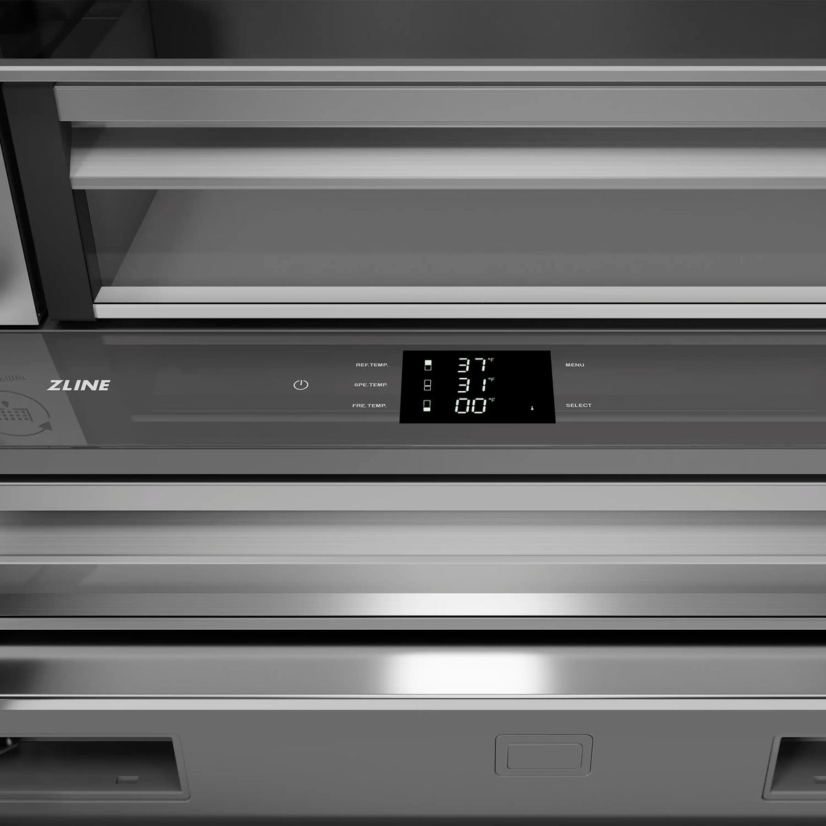 Stainless refrigerator control panel with ZLINE logo and digital temperature display