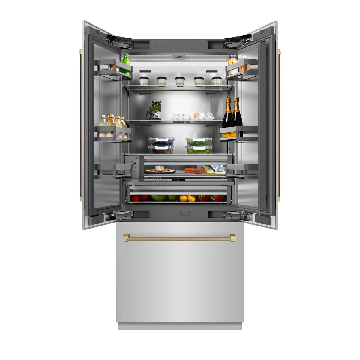 French door refrigerator with open doors showing interior shelves