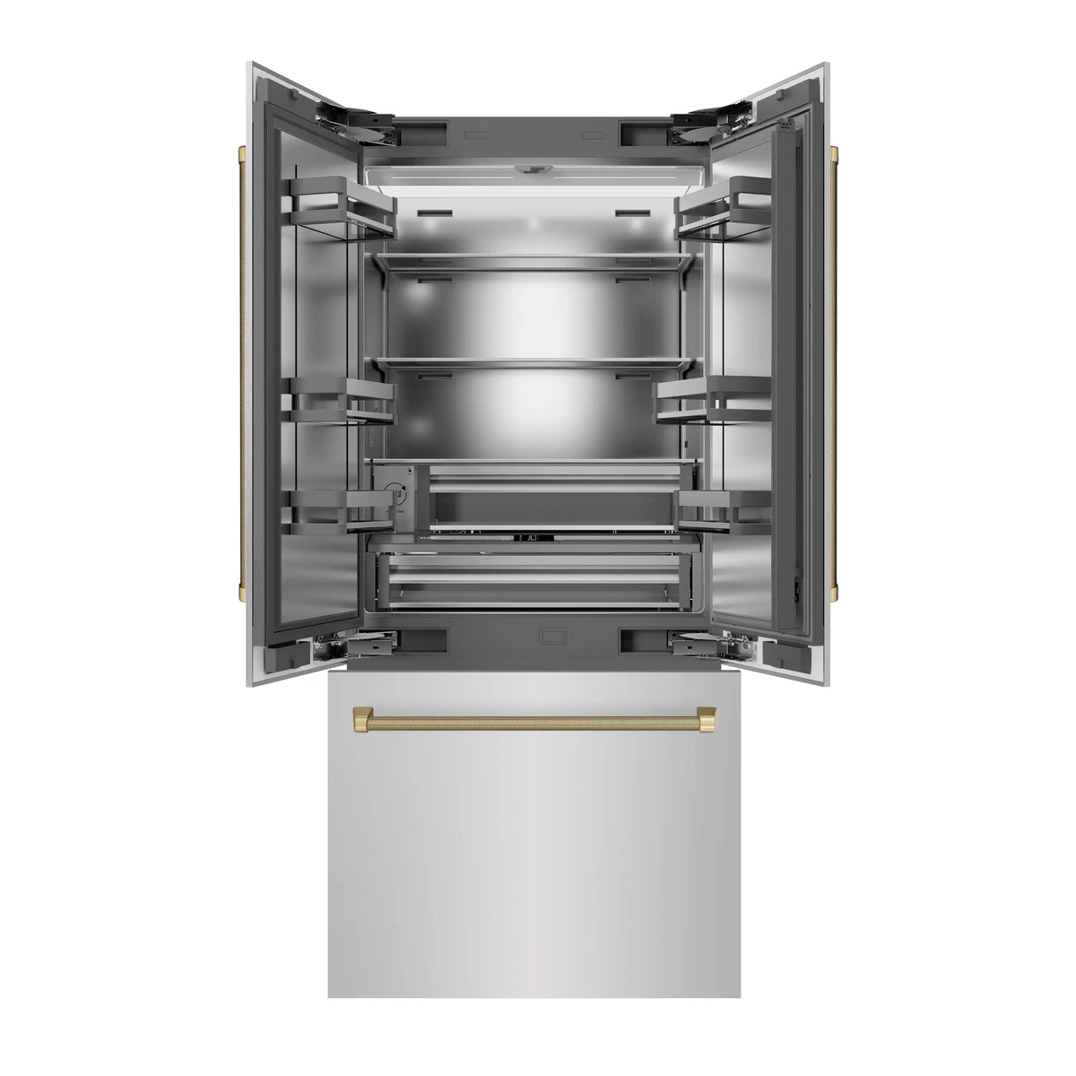 French door refrigerator with open doors and lower drawer interior racks