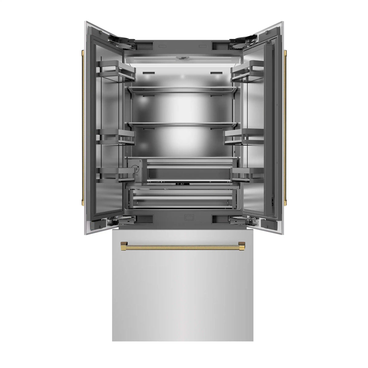 French door refrigerator open interior with stainless shelves and central drawer