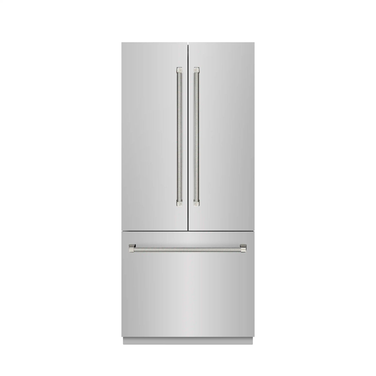 Stainless French door refrigerator with slim vertical handles and bottom drawer