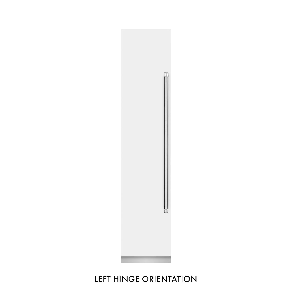 White matte freezer front view with left-hinge orientation and vertical stainless handle