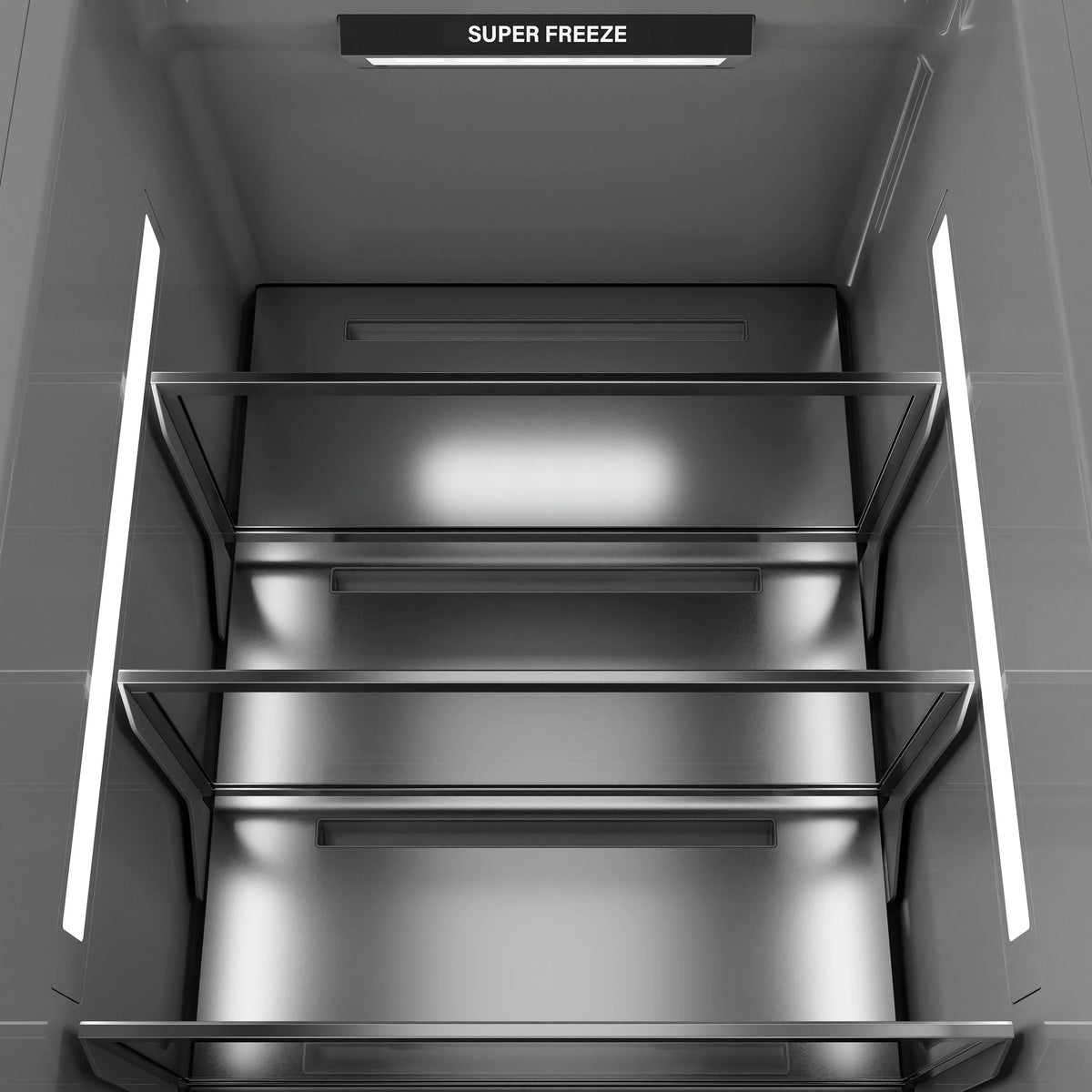 Open column freezer interior with two shelves and super freeze control bar