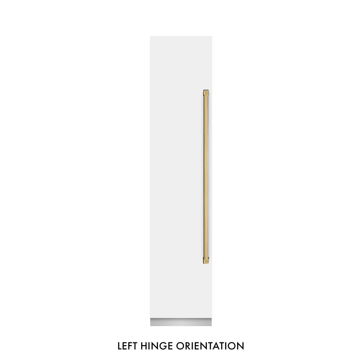 Matte white freezer with left-hinge orientation handle bar in polished gold