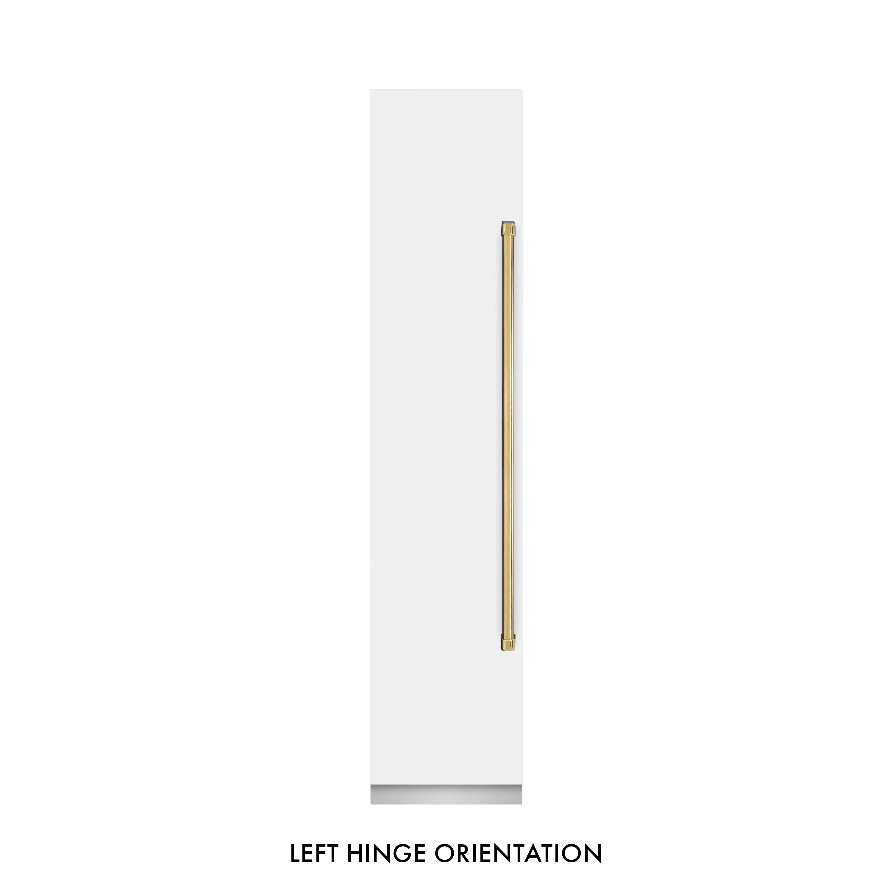 White matte refrigerator/freezer door with gold handle and left hinge orientation