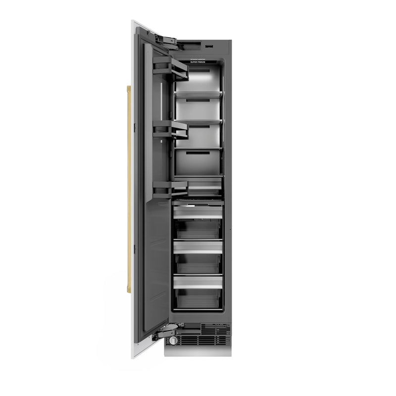 ZLINE Autograph Edition 18-Inch 8.6 Cu. Ft. Left Hinge Column Freezer in White Matte with Graphite Gray Interior and Polished Gold Accents (RCFVLZ-WM-18-G)