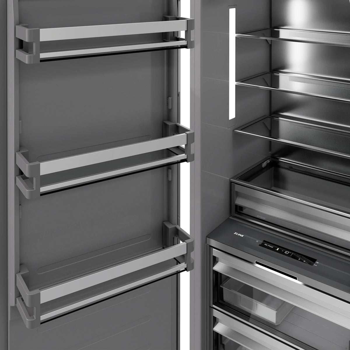 Left hinge column freezer with open door and glass shelves in graphite gray interior