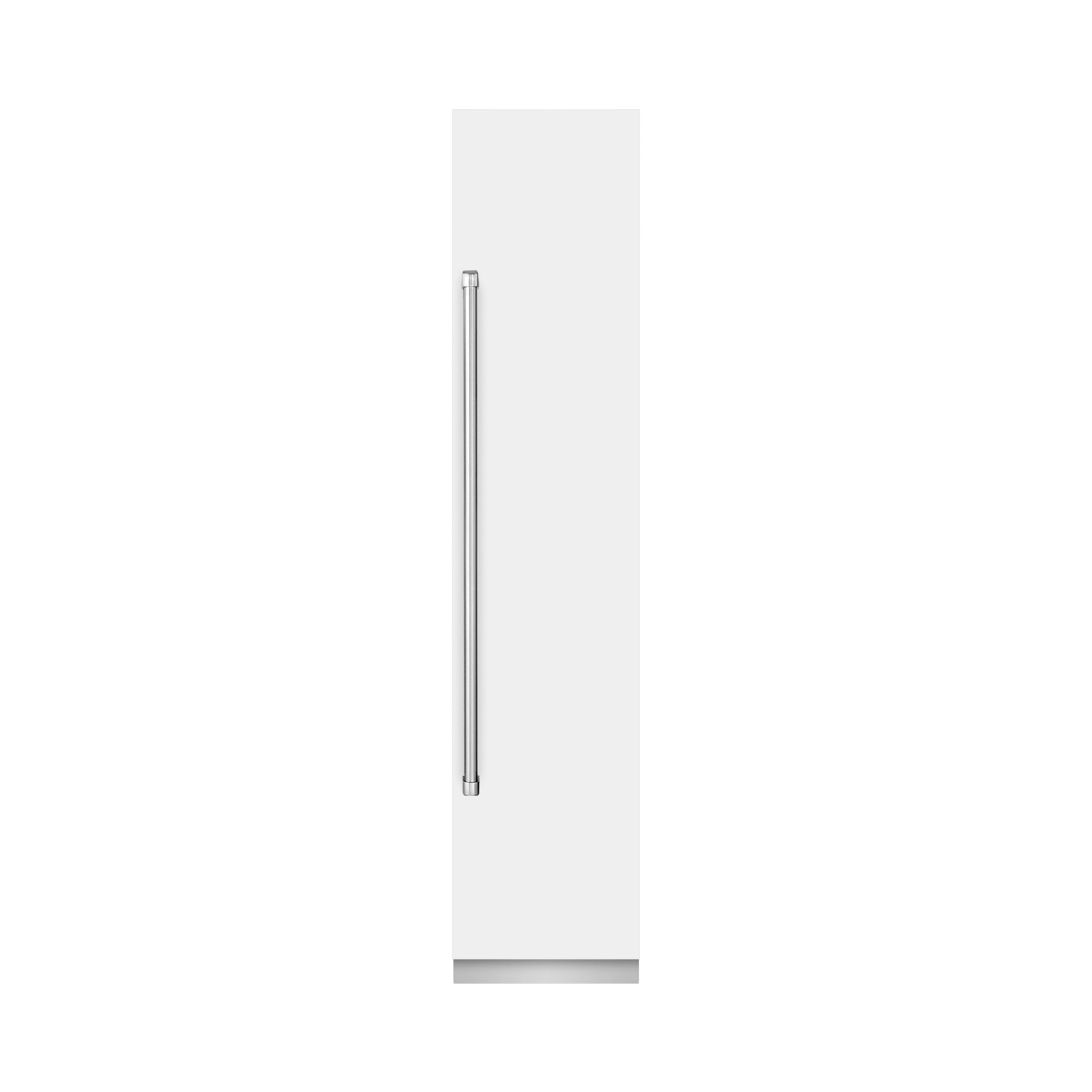 White matte freezer door side view with stainless handle bar