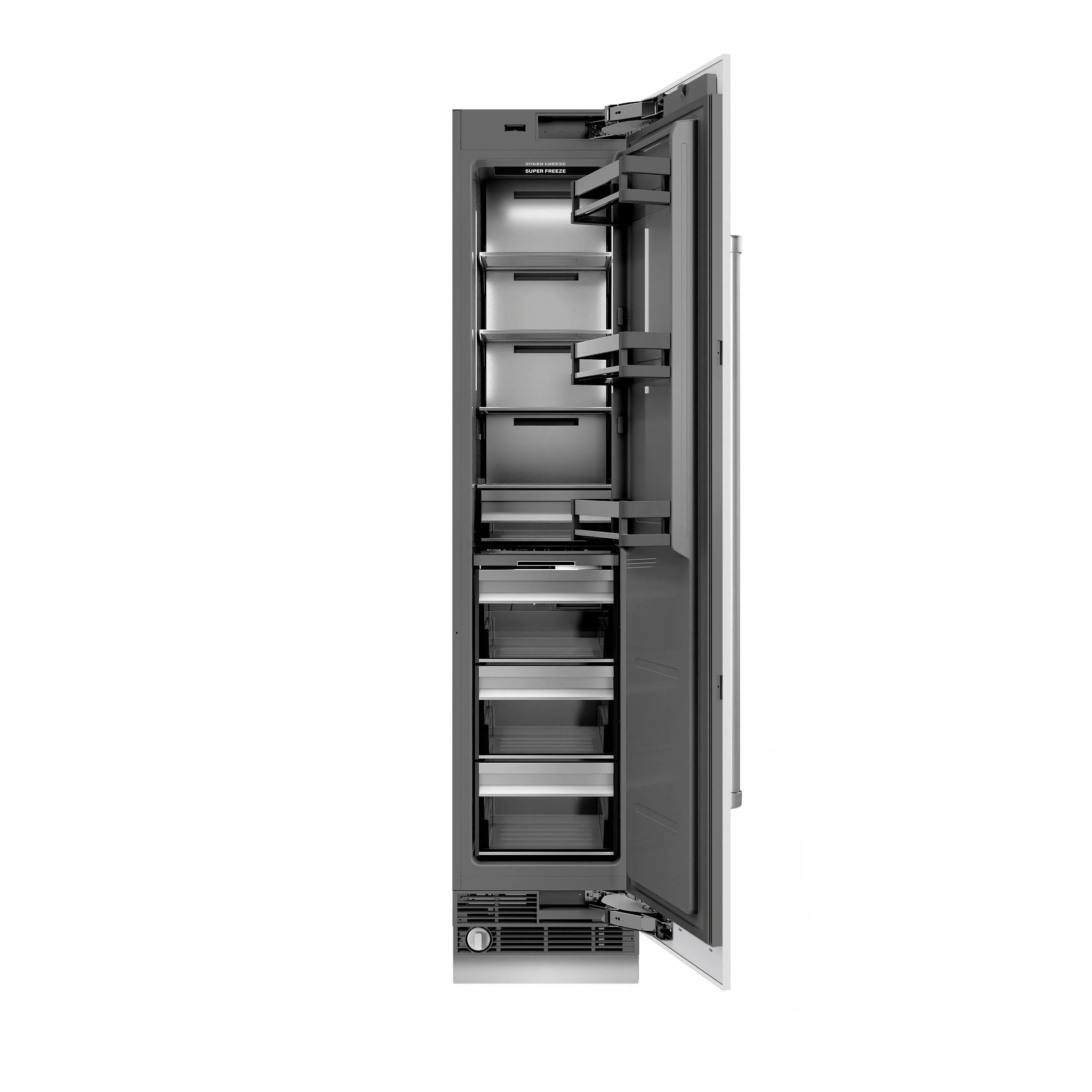 Open freezer door with interior storage shelves and hinge-side layout